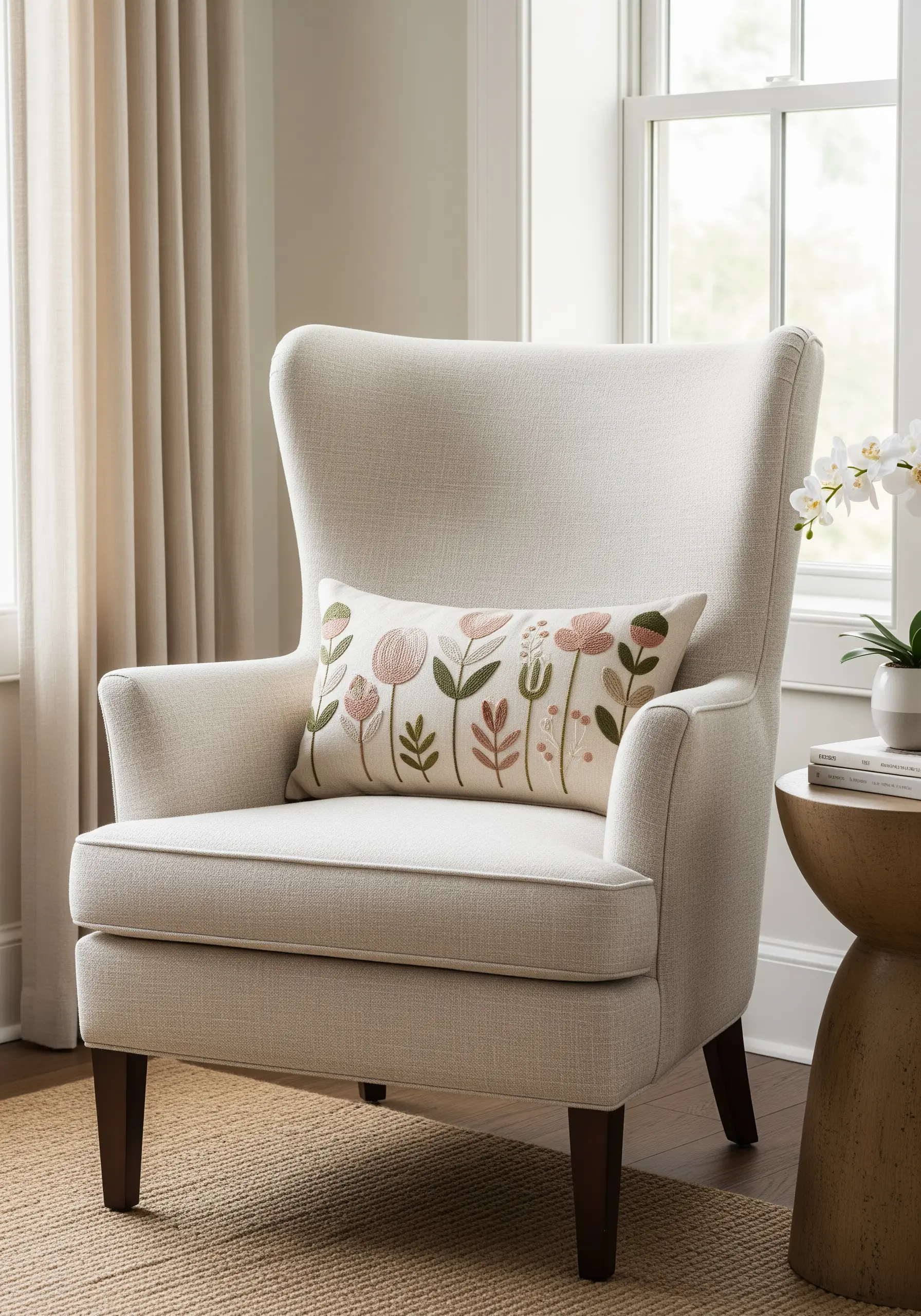 A lumbar pillow with a row of stylized, modern flowers in muted pinks and greens.