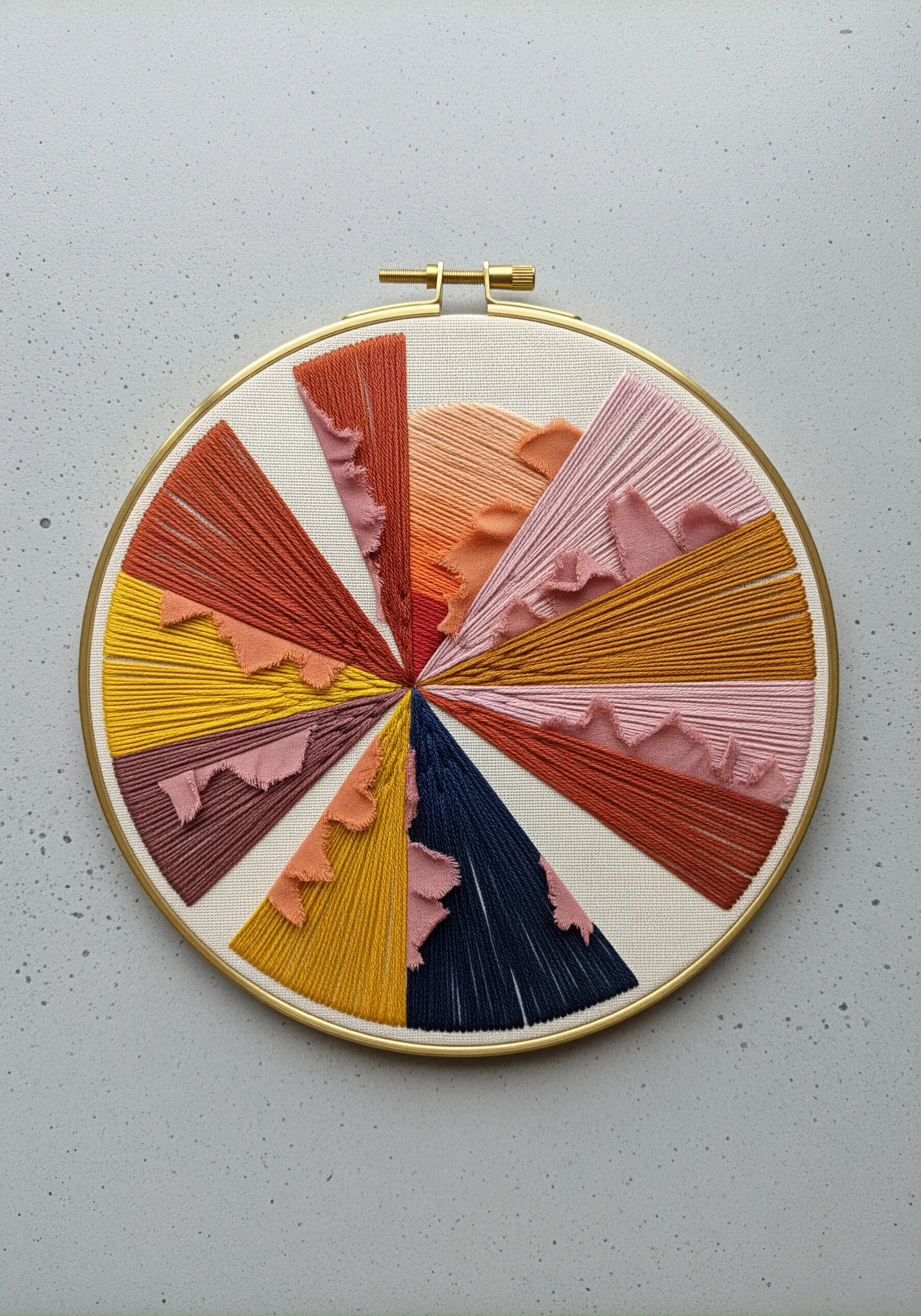 Geometric color wheel embroidery with long stitches interrupted by ruffled fabric pieces.