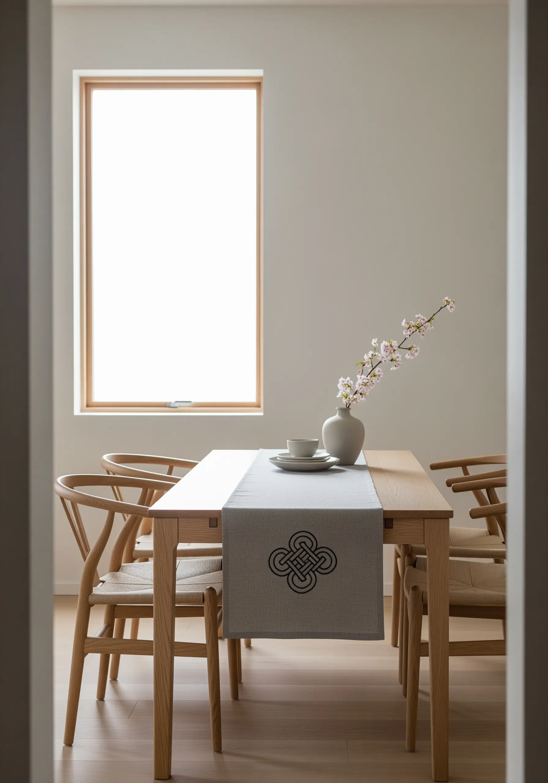 A Celtic knot motif embroidered in a thick black line on a light gray runner