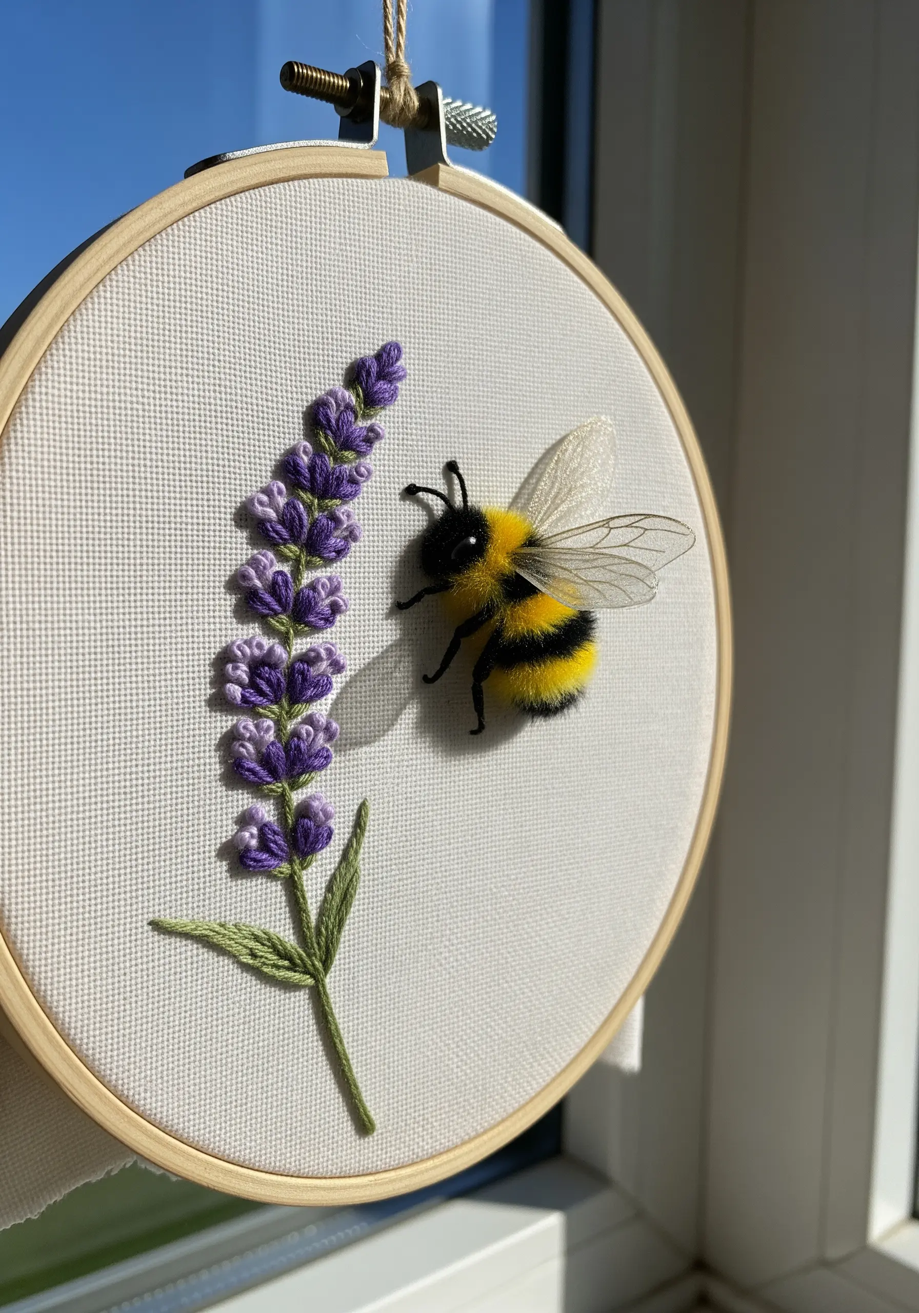 Embroidery hoop with stitched lavender and a 3D mixed-media bumblebee.