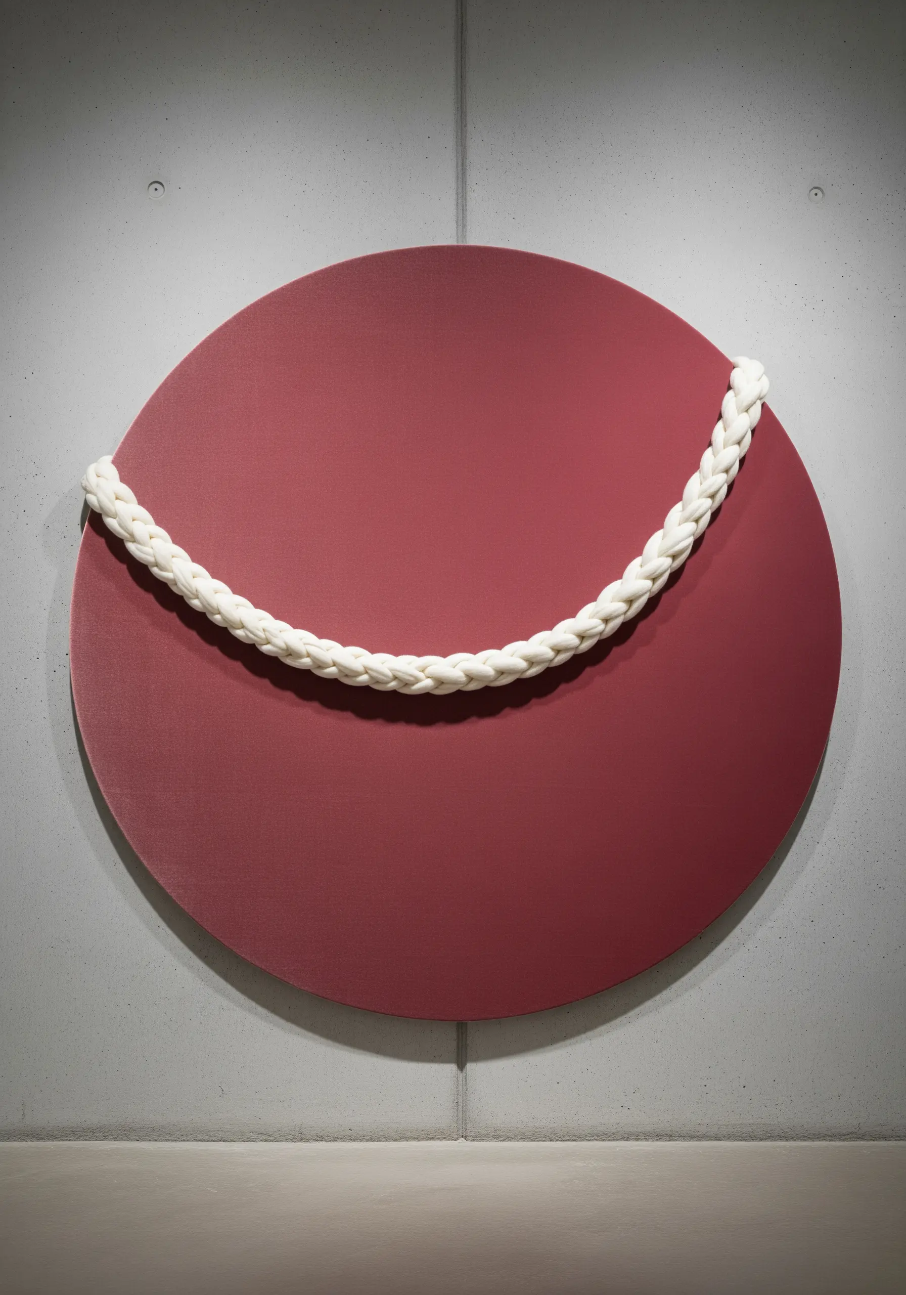A thick, white braided cord attached in an arc across a round, deep red canvas.