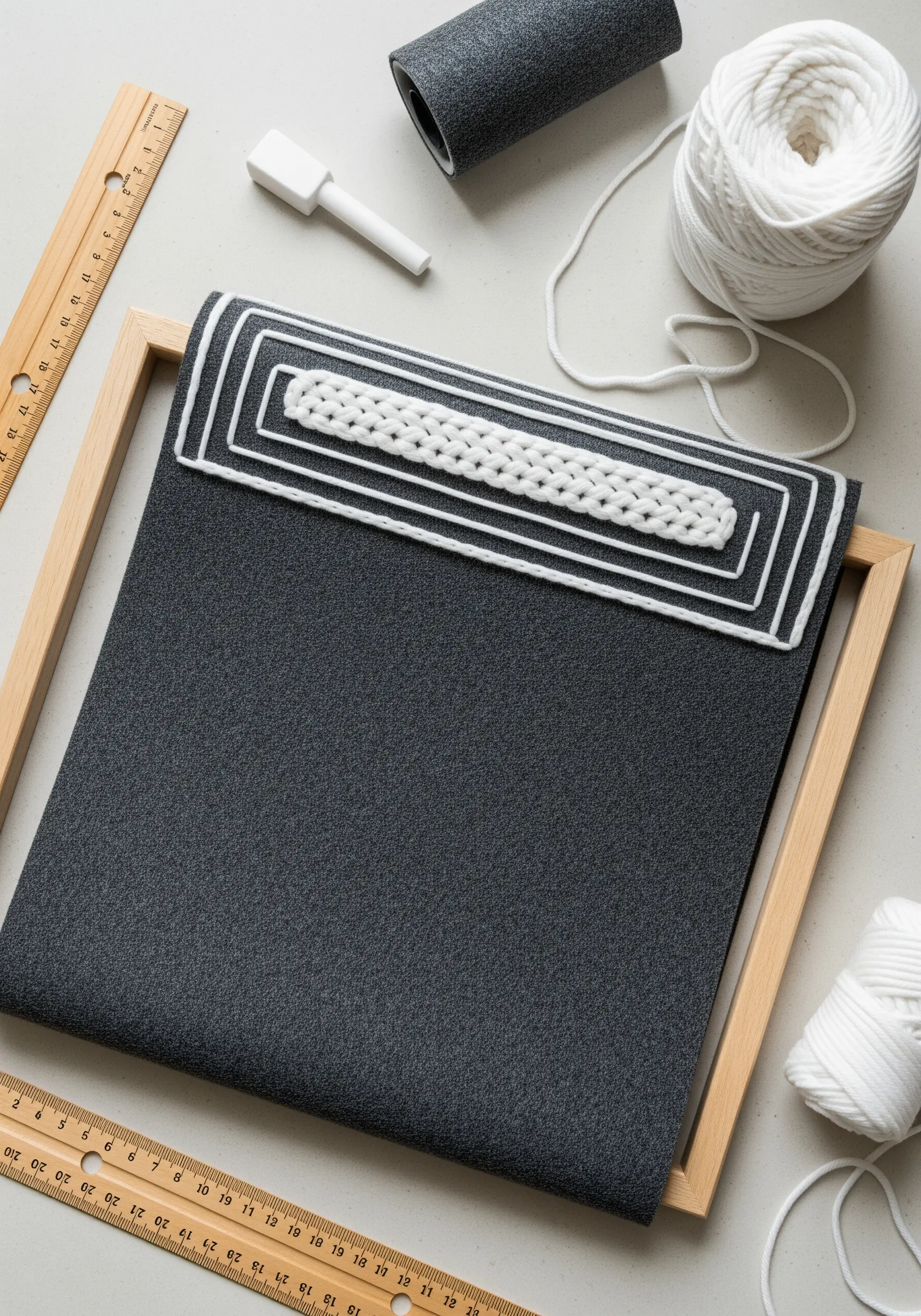 Abstract wall art combining couched white yarn and thin thread on dark grey fabric.