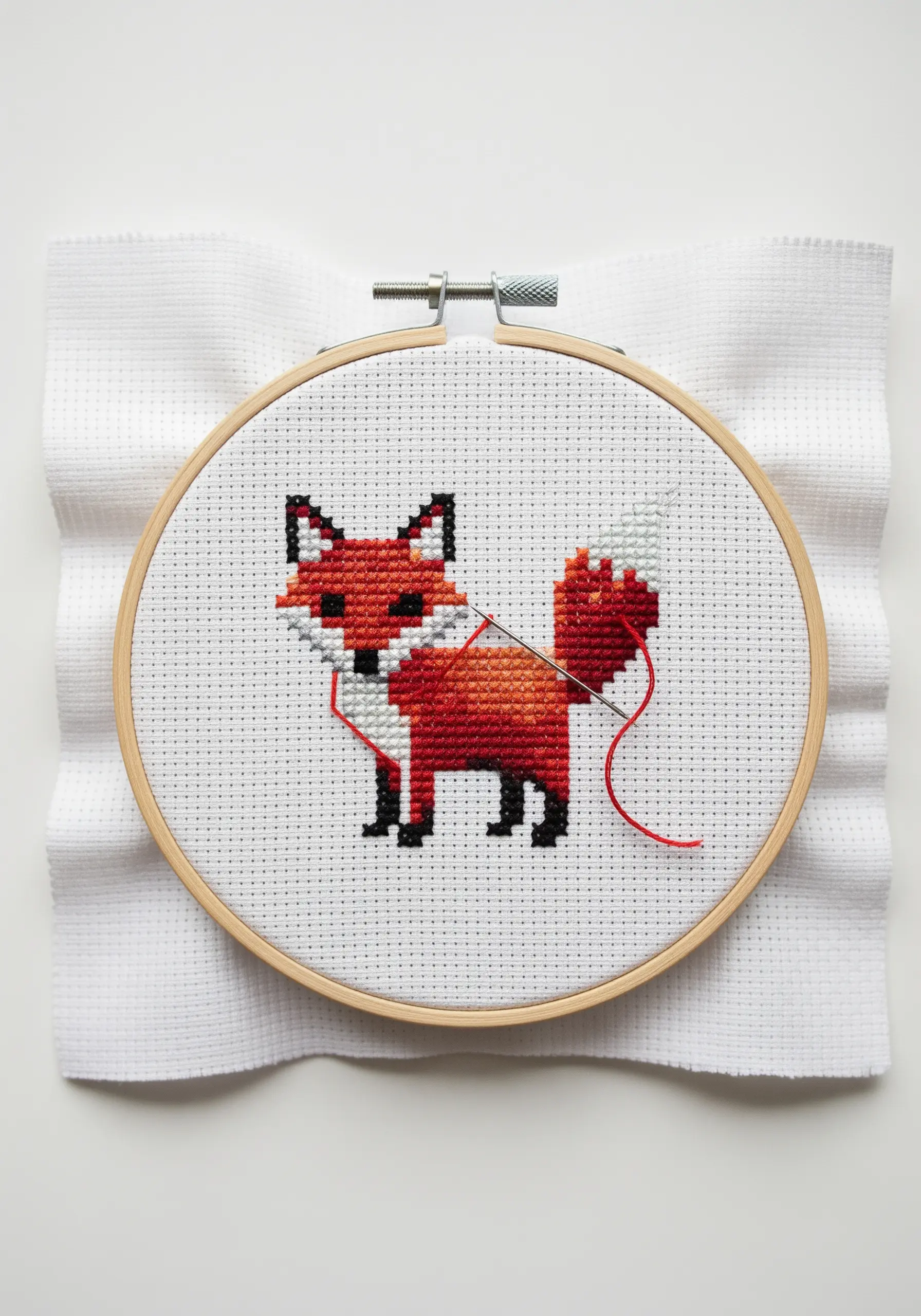 A cross-stitched fox with red, white, and black thread on white Aida cloth in a hoop.
