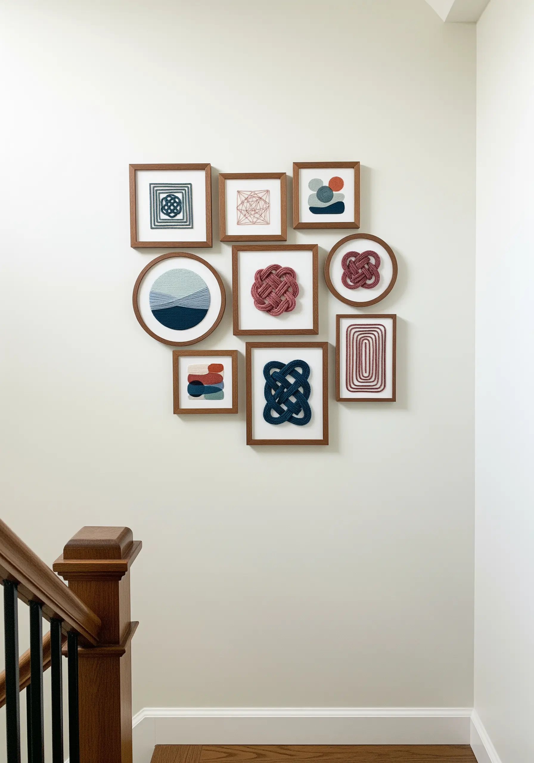 A gallery wall of framed thread art featuring dimensional knots and abstract patterns.