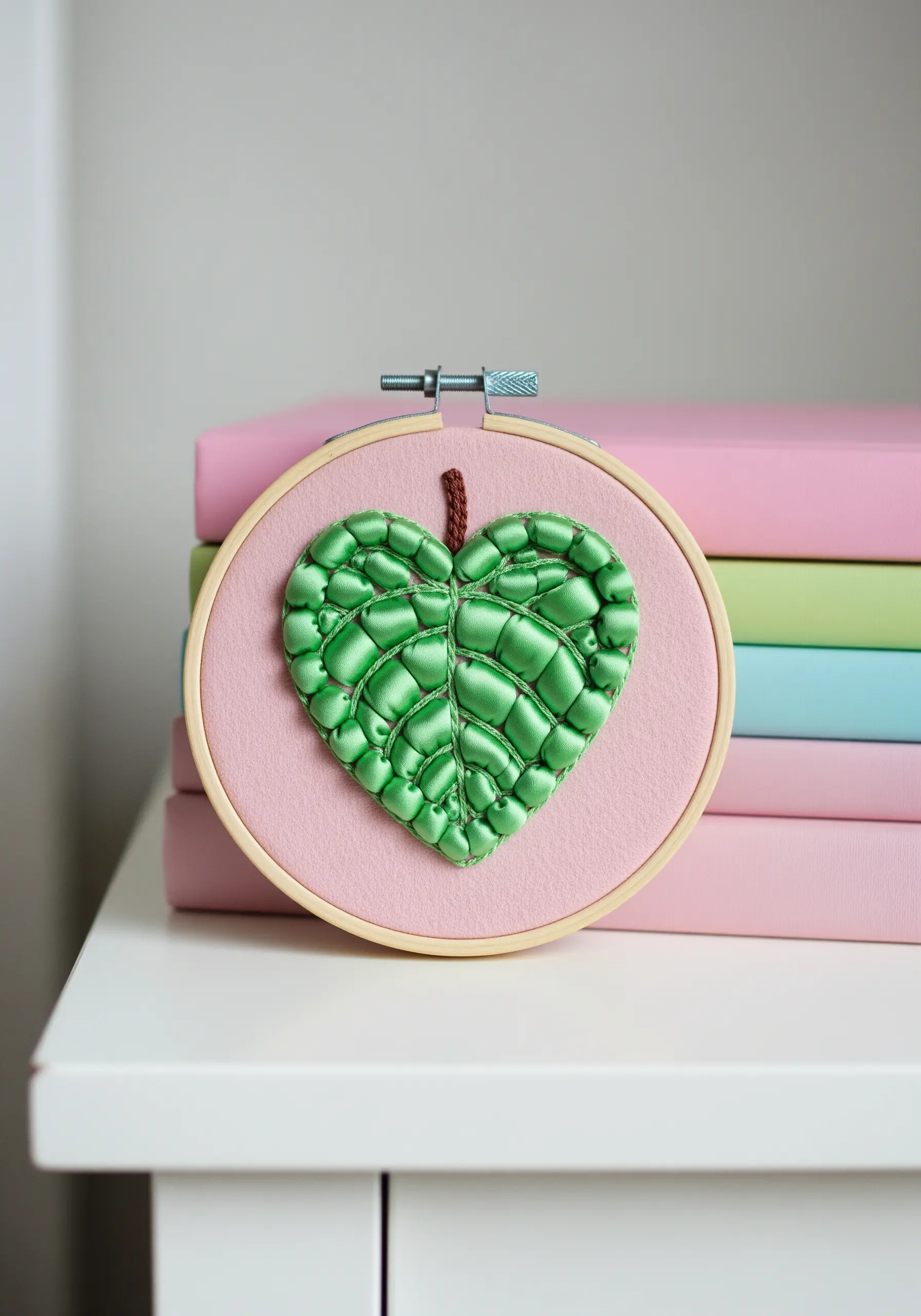 A small heart-shaped leaf embroidered with bright green silk ribbon in a hoop.