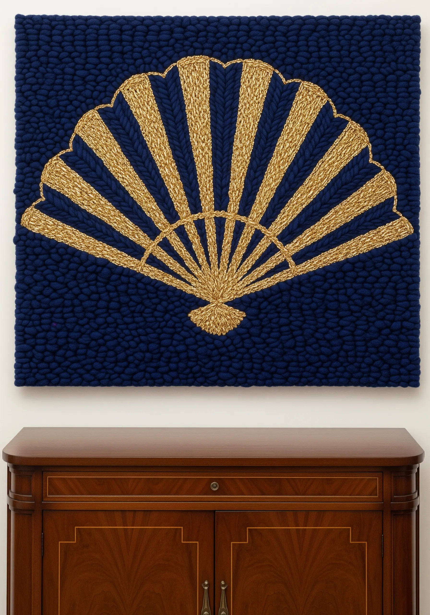 A navy blue textured wall art piece featuring a large, shimmering gold fan motif.
