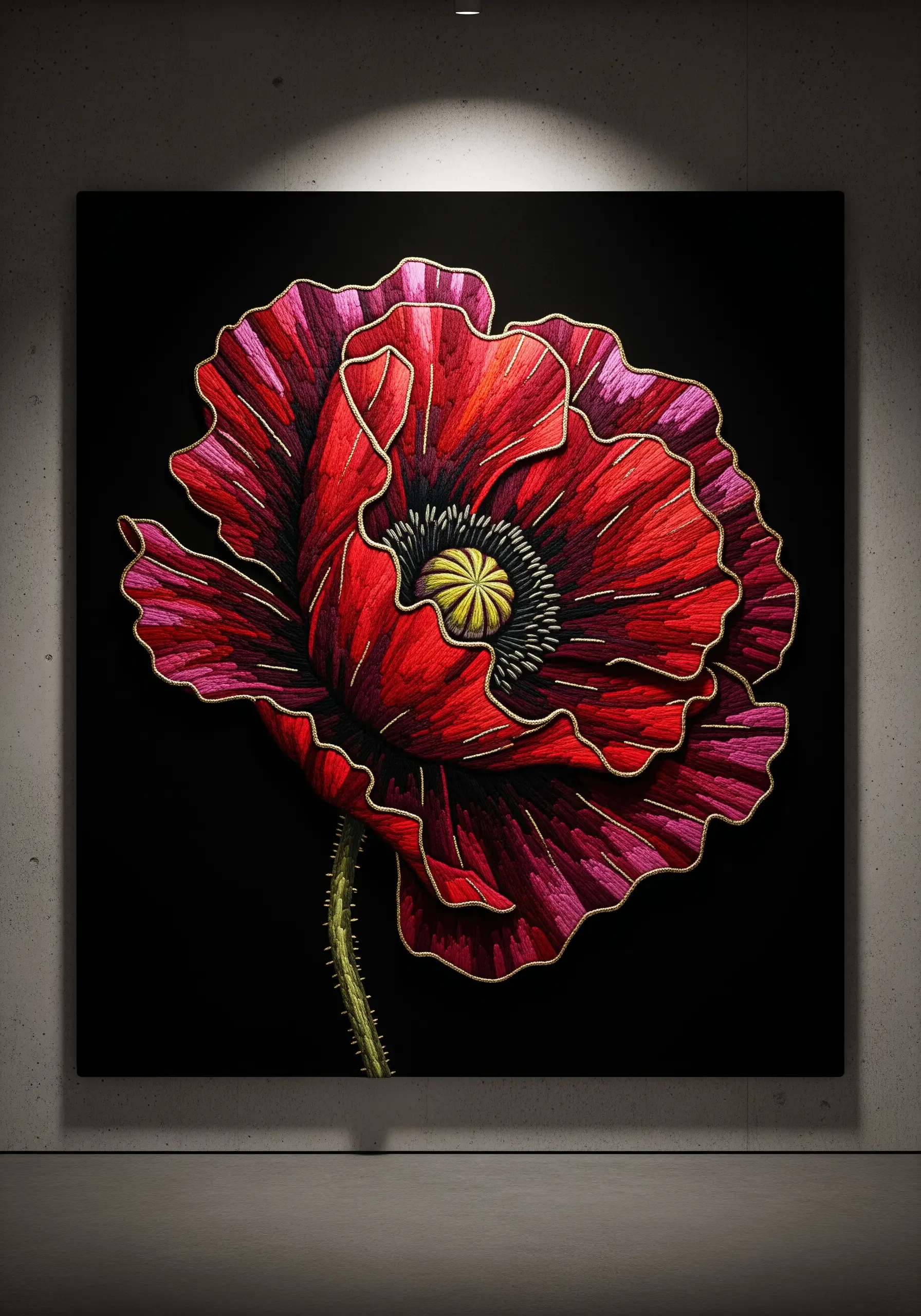 A single red poppy embroidered on black fabric, outlined with fine gold metallic thread.