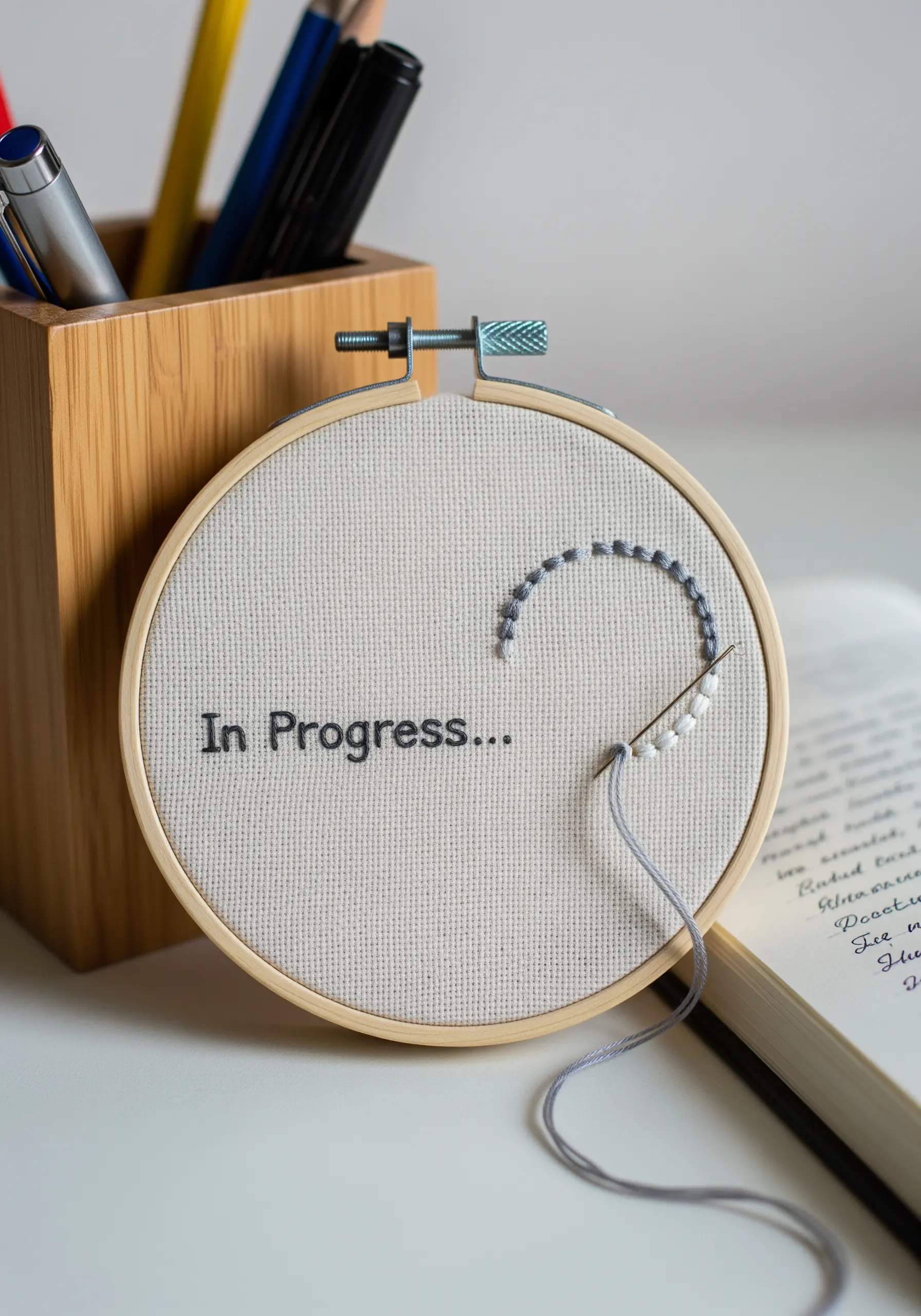 'In Progress...' quote with a needle stitching a line of gray and white beads.