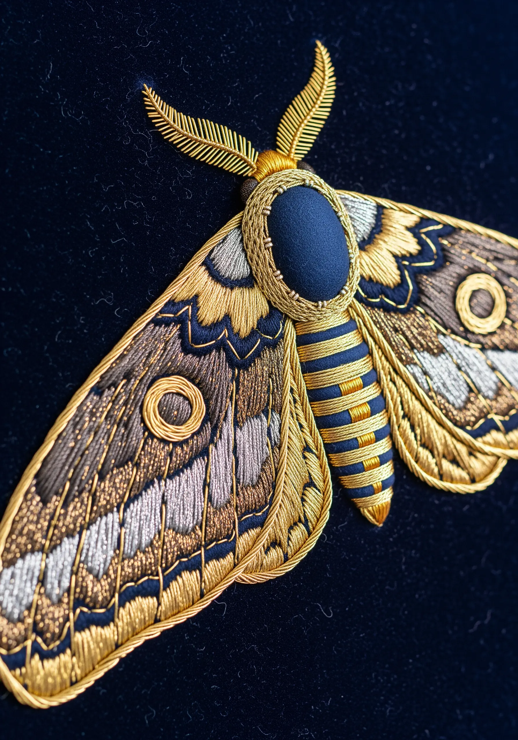 A detailed goldwork moth with padded metallic threads and silk shading on dark velvet.