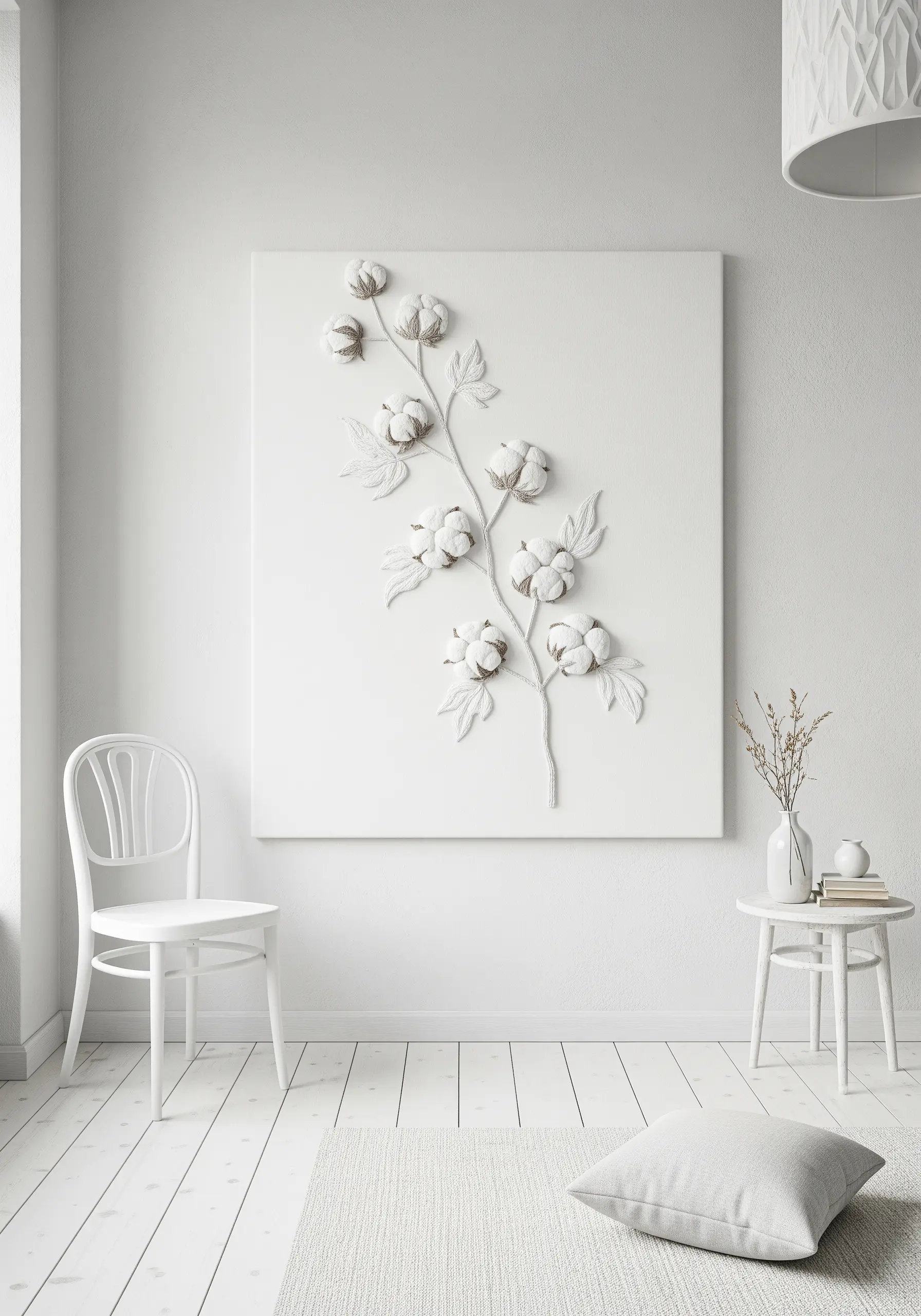 A dimensional, all-white embroidery of a cotton branch on a large white canvas.