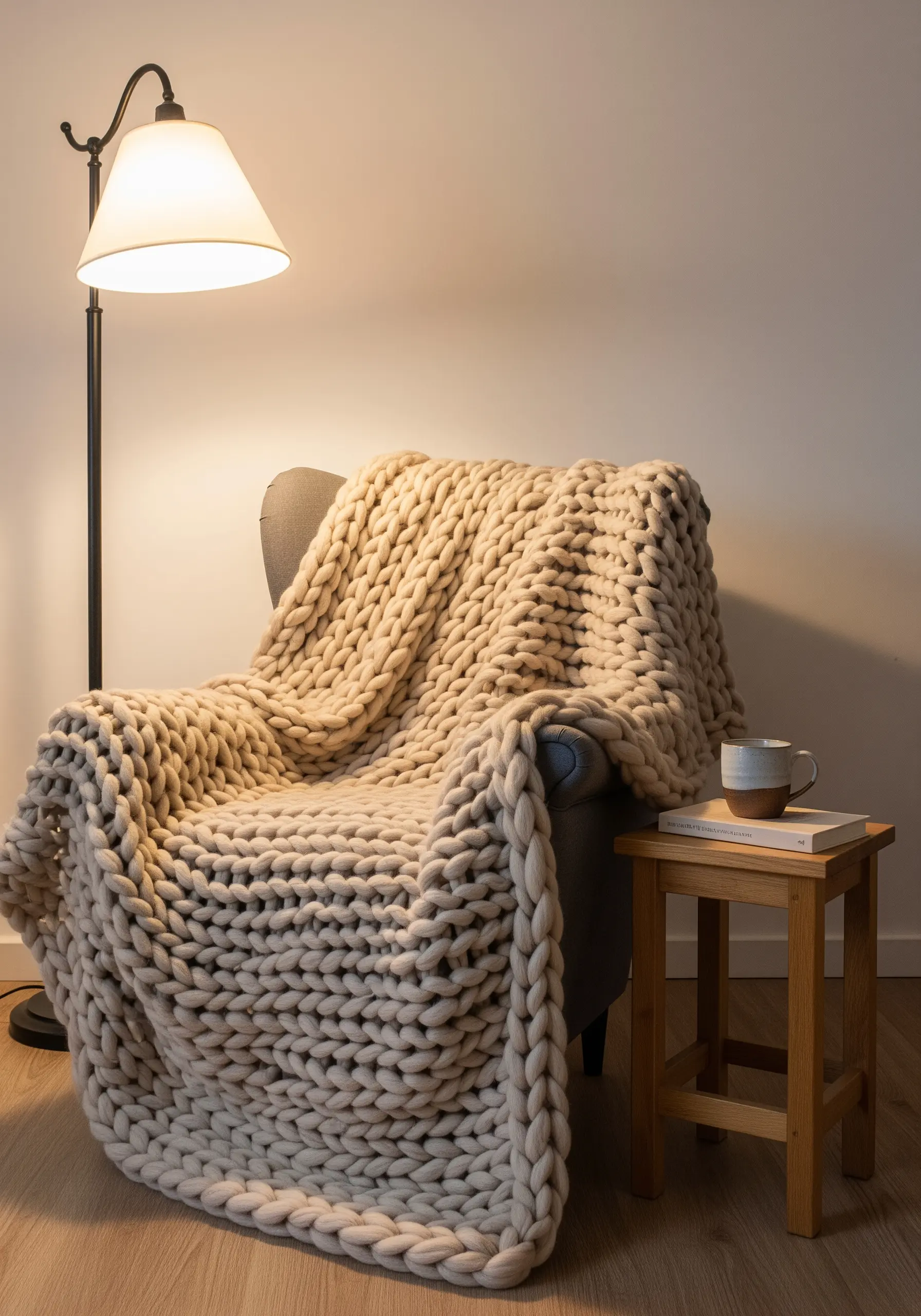 An oversized chunky knit blanket in a neutral cream color draped over an armchair.