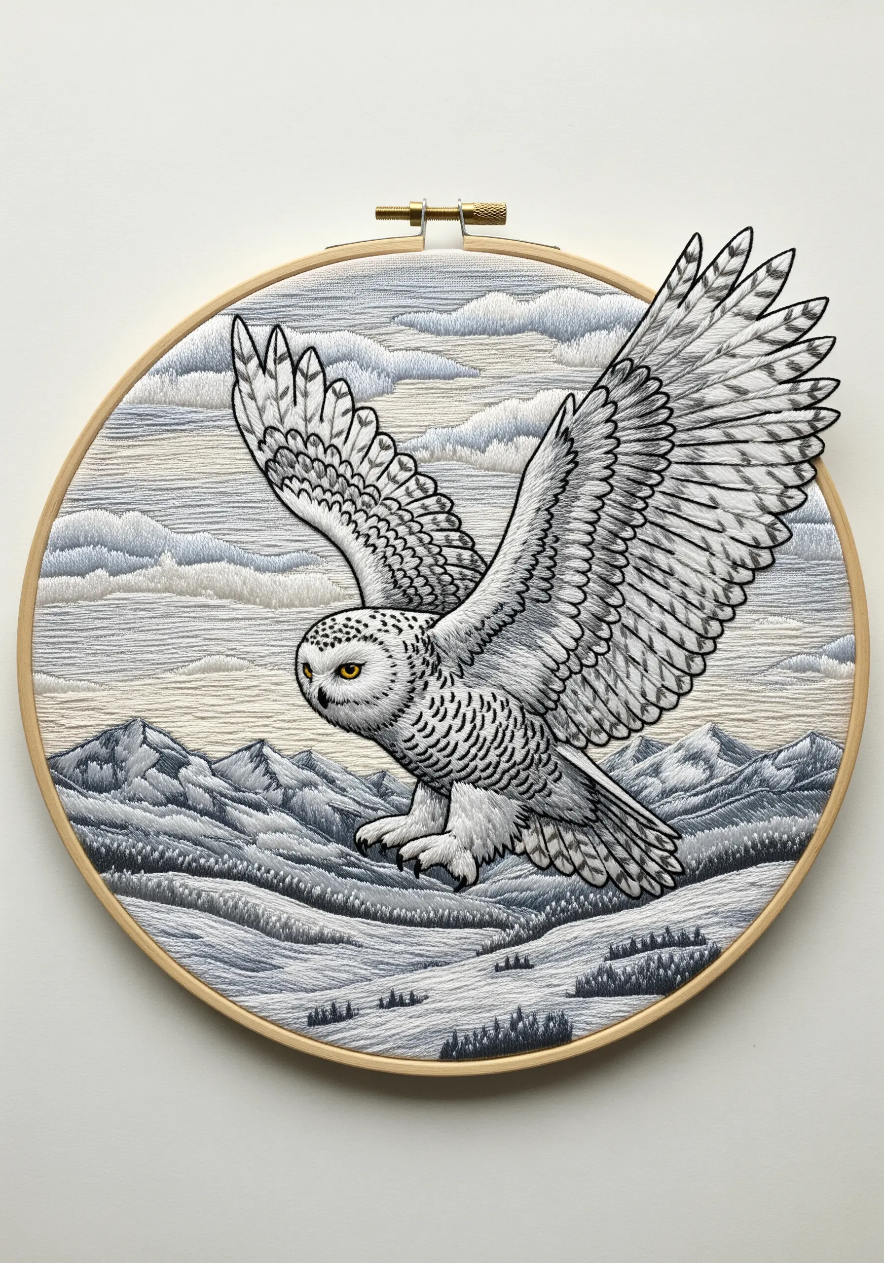 Embroidery of a snowy landscape with a 3D stumpwork owl attached, its wings lifted.