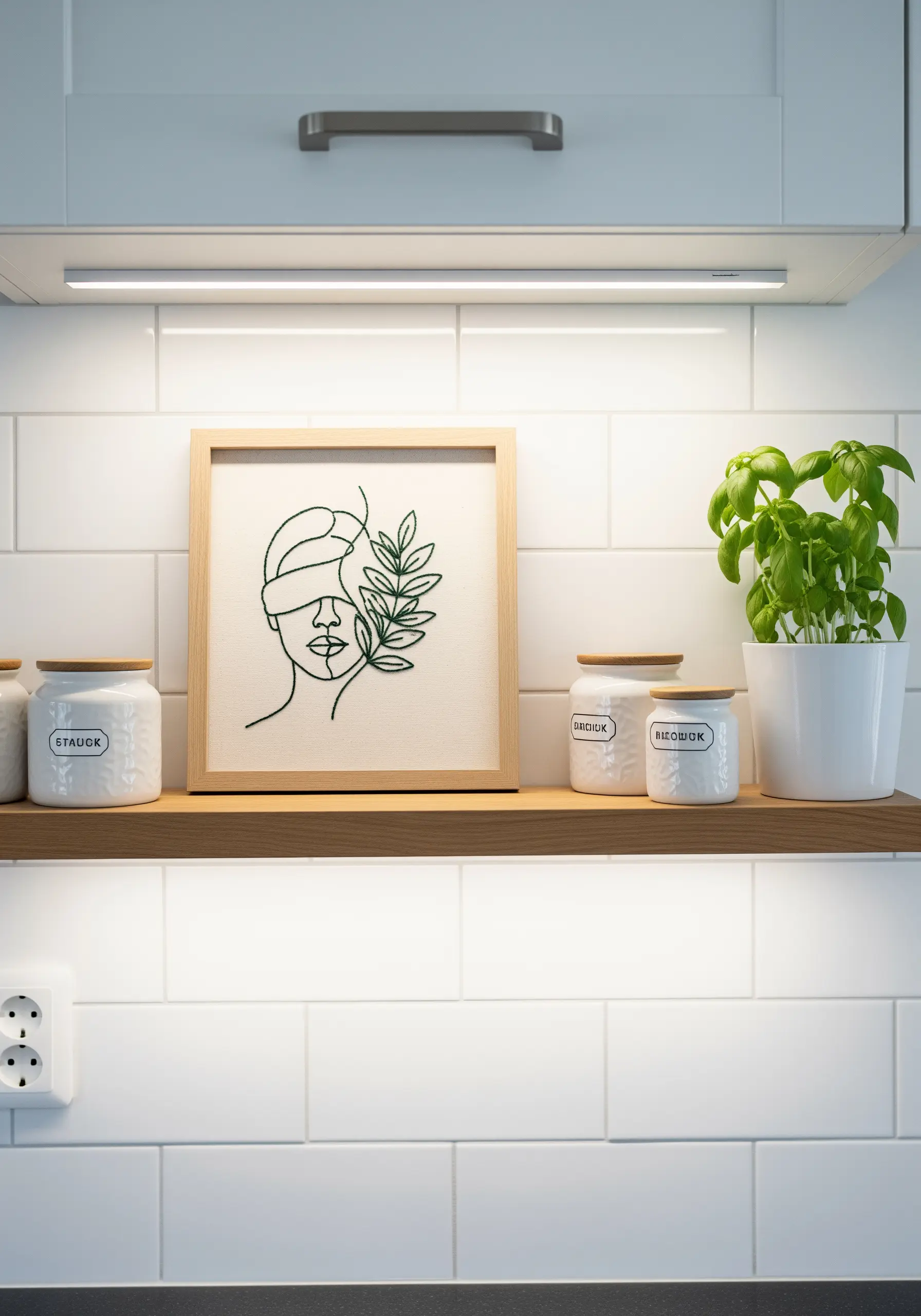 Line art face with eyes covered by a textured, embroidered green leaf.