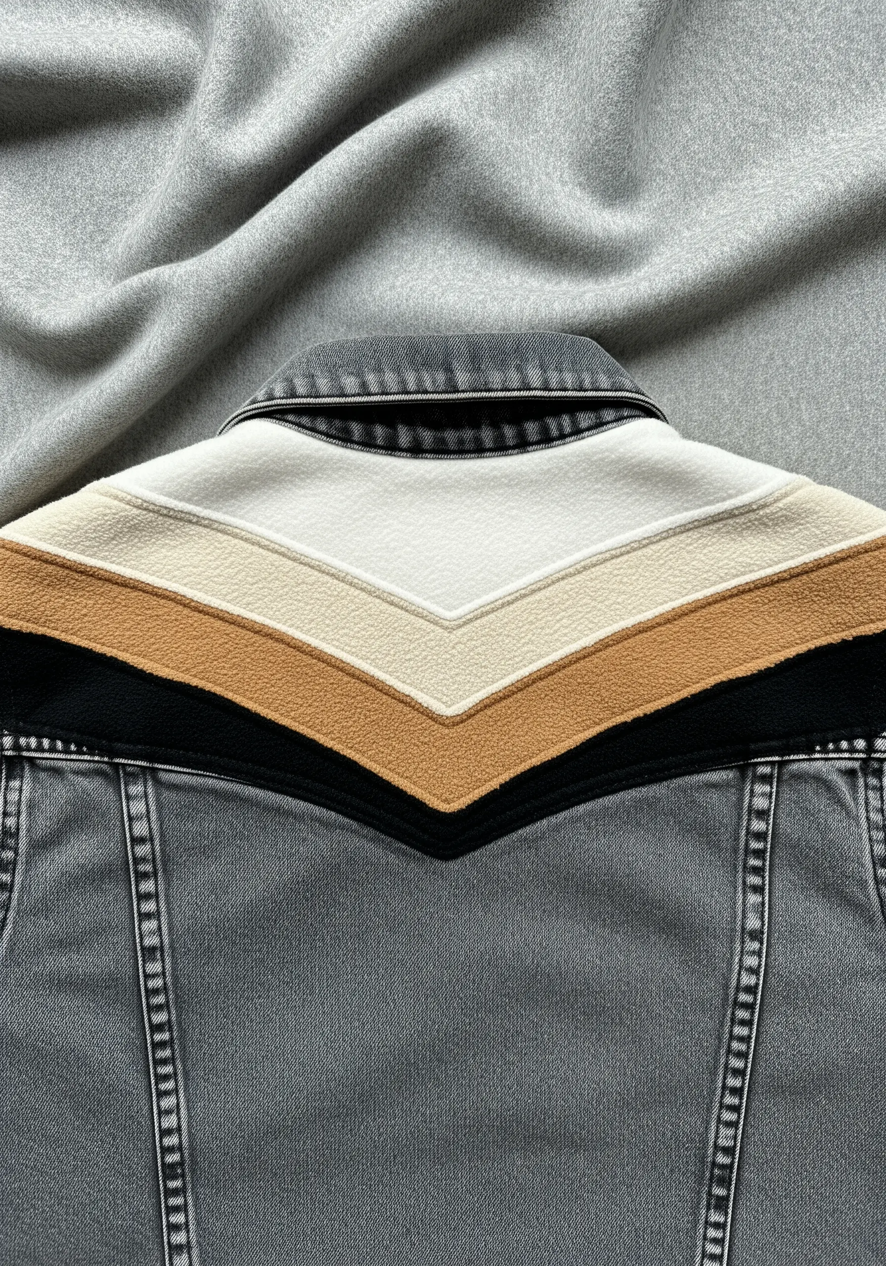 Chevron stripes in neutral-toned fleece appliqué on the collar of a grey denim jacket.