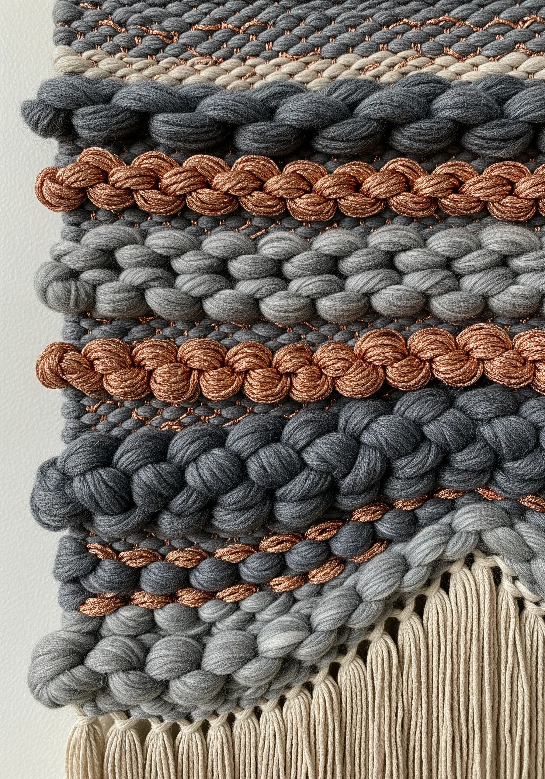 Close-up of a gray woven wall hanging with shiny copper-colored braided accent rows.