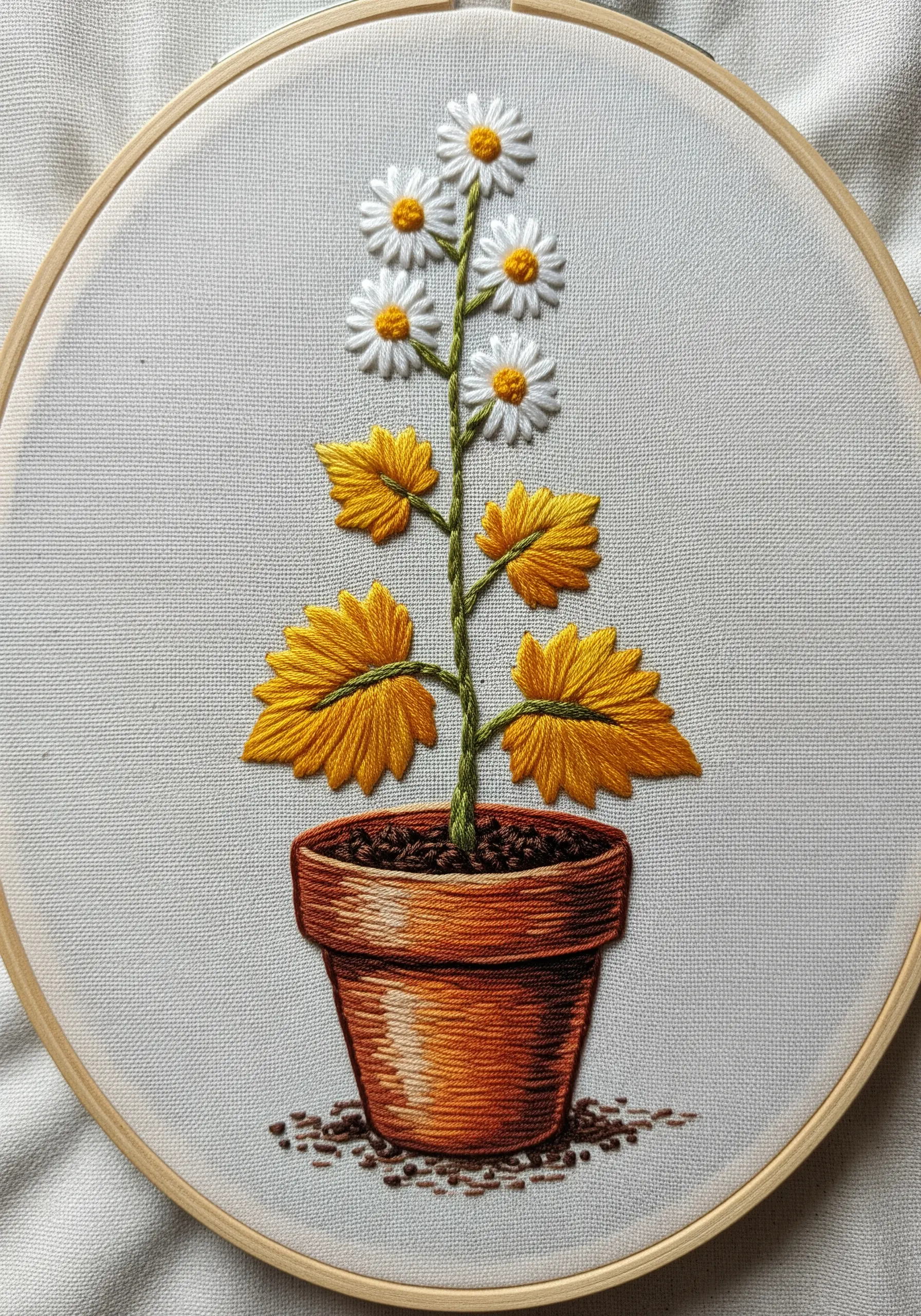 An embroidered plant in a pot with sunflower-like leaves and daisy flowers.