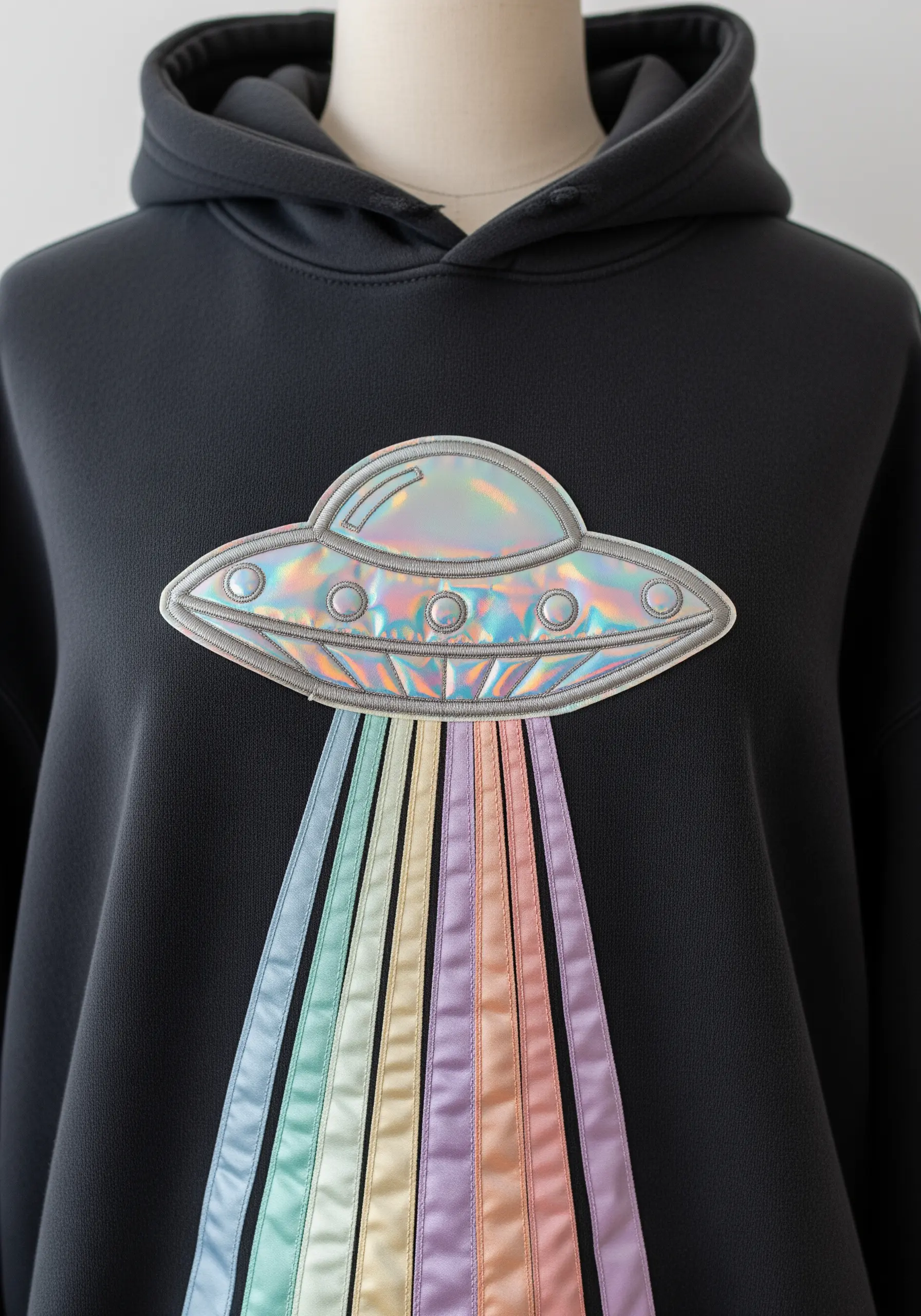 Embroidered UFO with a holographic appliqué center beaming down a pastel rainbow.