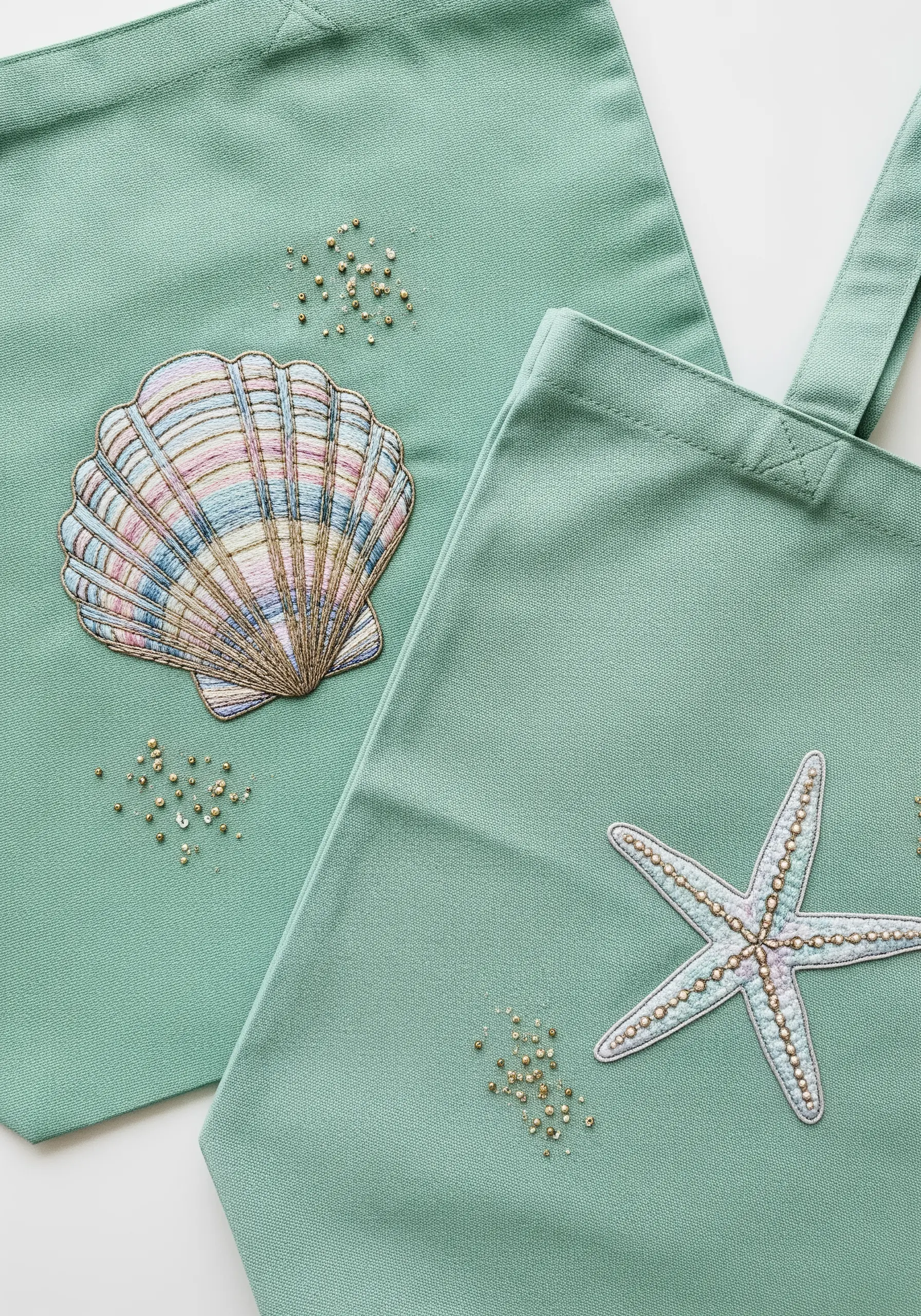 Mint green tote bags with embroidered seashell and starfish motifs with bead details.
