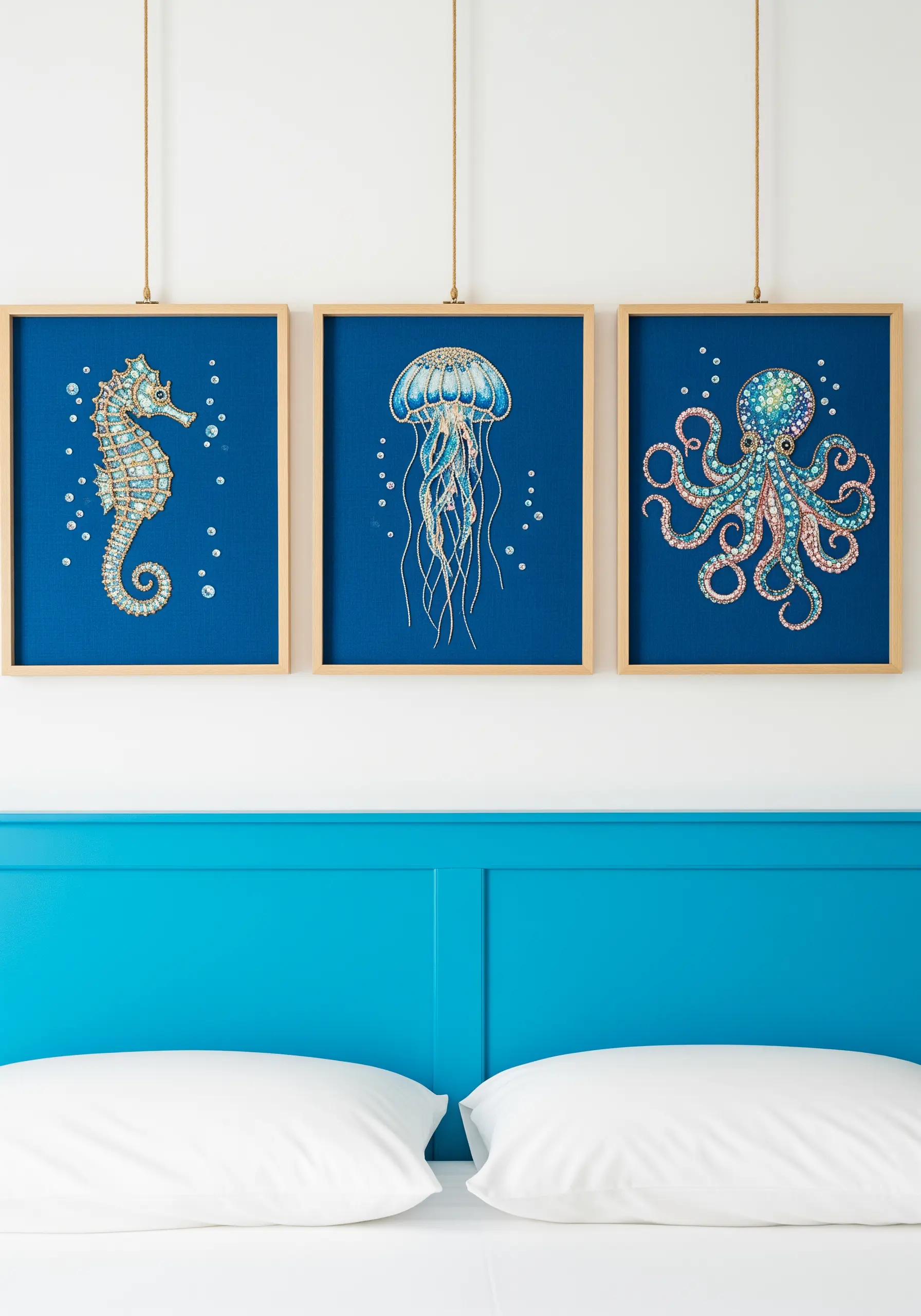 A triptych of embroidered sea creatures—seahorse, jellyfish, octopus—with metallic threads.