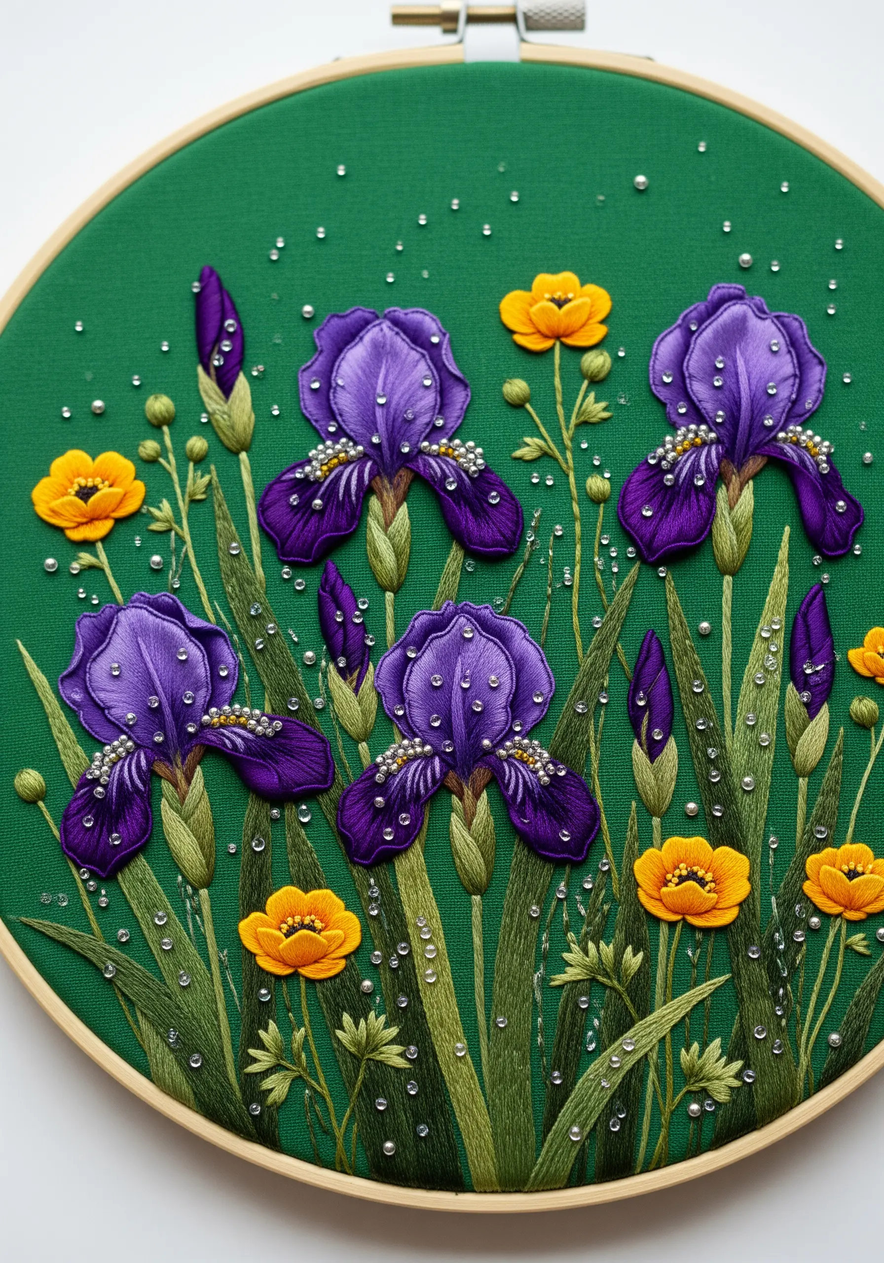Close-up of embroidered purple irises decorated with tiny, shimmering silver beads.