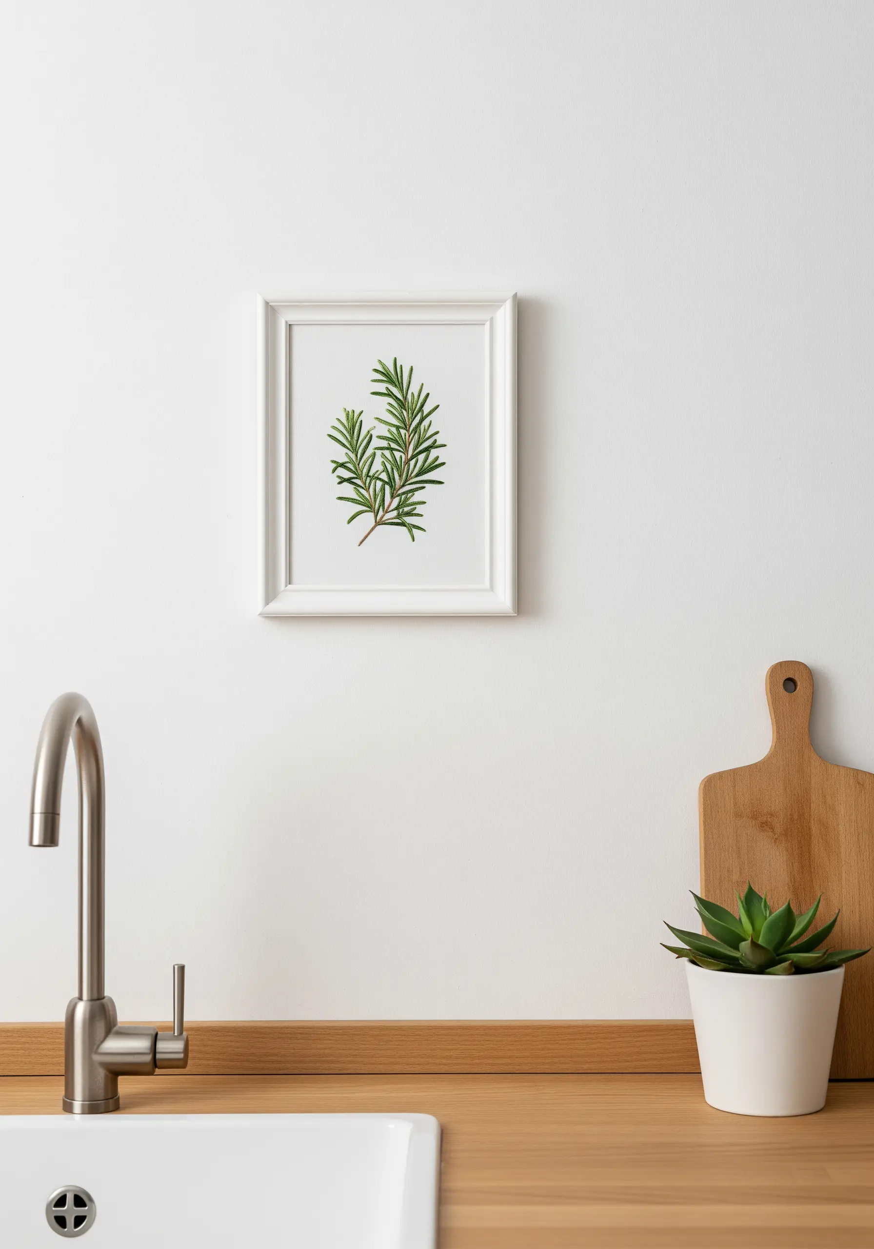 A small, framed embroidery of a single rosemary sprig hanging on a white wall
