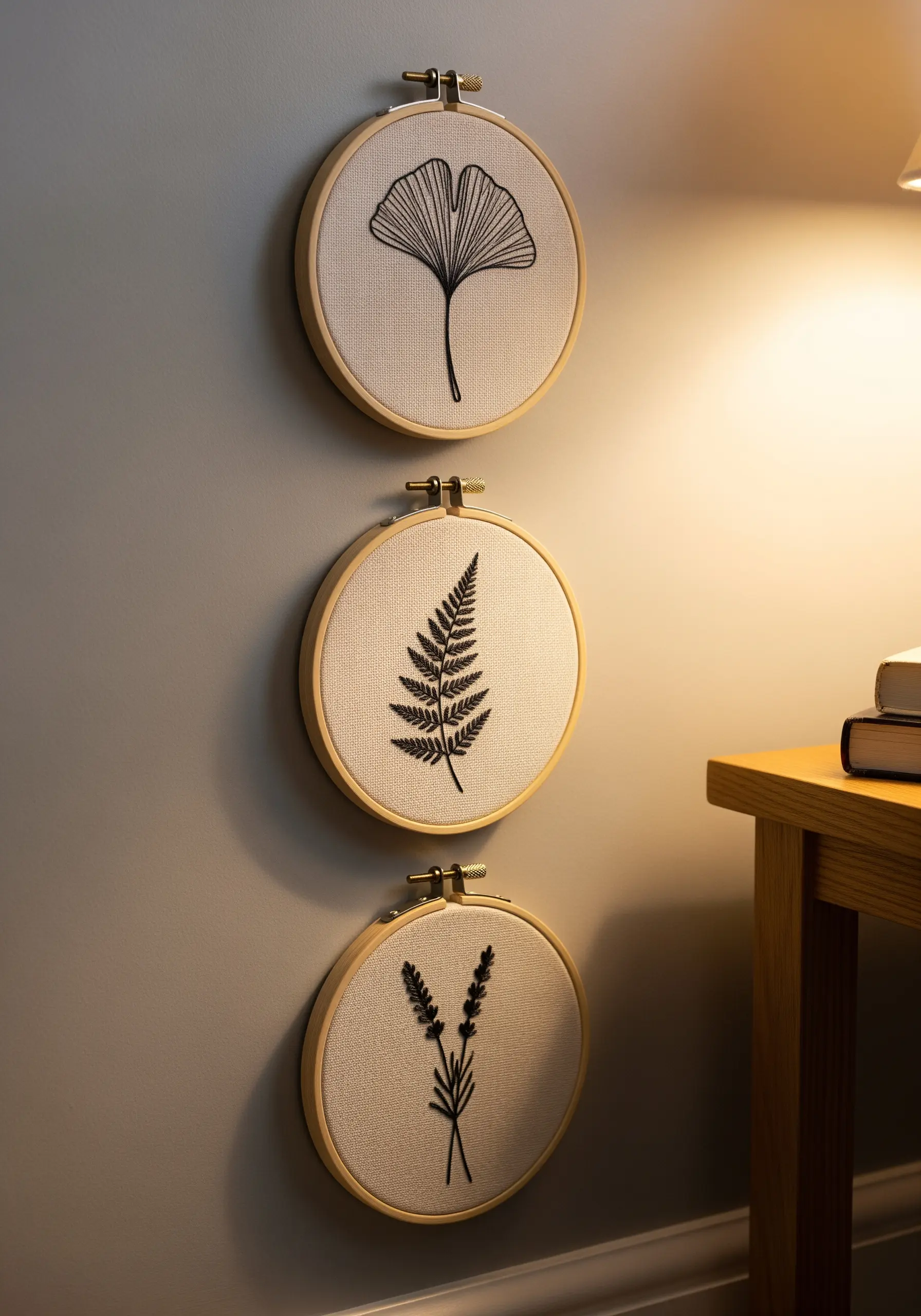 A trio of embroidery hoops with minimalist black thread botanicals: ginkgo, fern, and lavender.