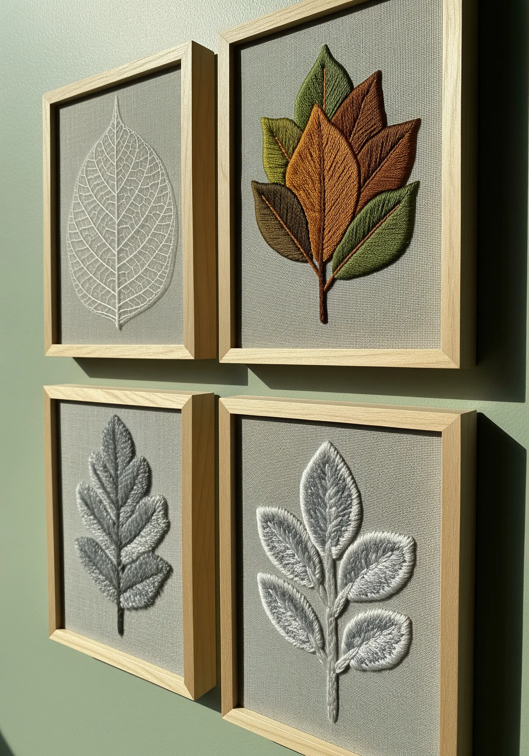 Four framed embroidery pieces showing different leaf studies: one line art, the others filled.