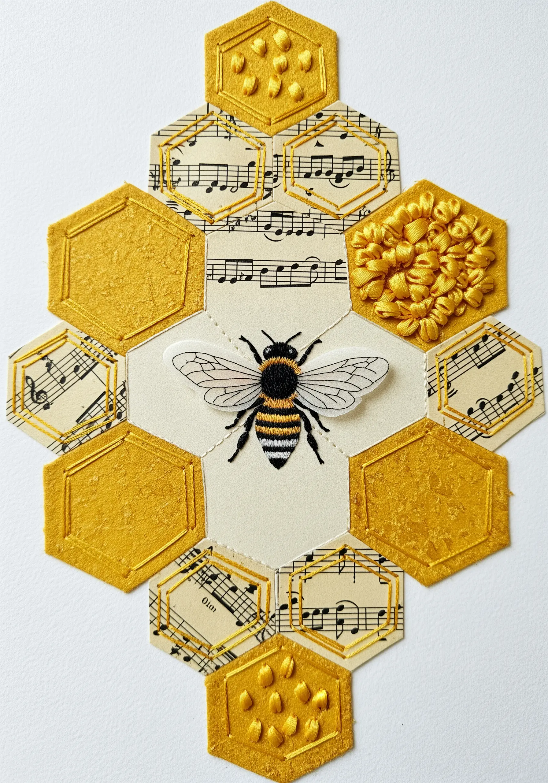 A honeycomb collage of paper and embroidery, featuring a central bee illustration.