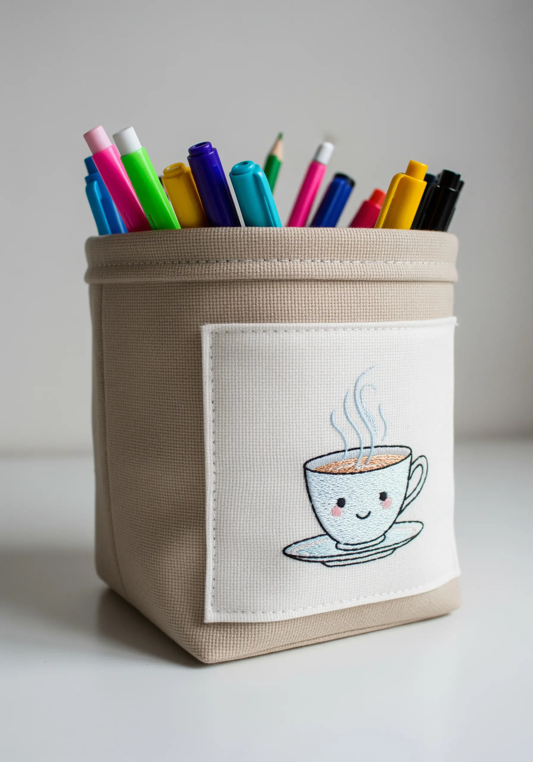 A fabric pencil holder with a neatly appliquéd patch of an embroidered coffee cup.