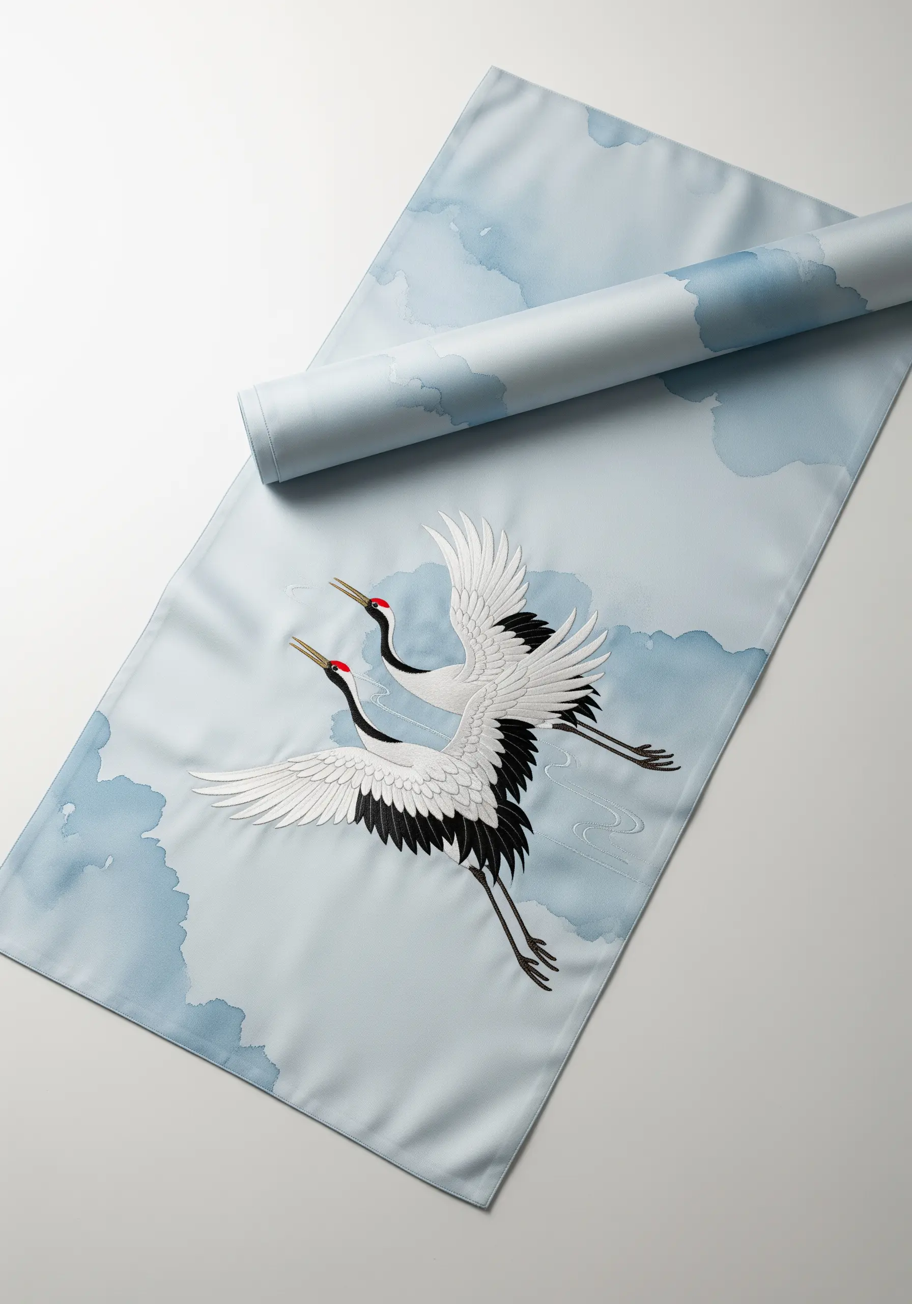 Two embroidered Japanese cranes in flight over a light blue watercolor-effect table runner.