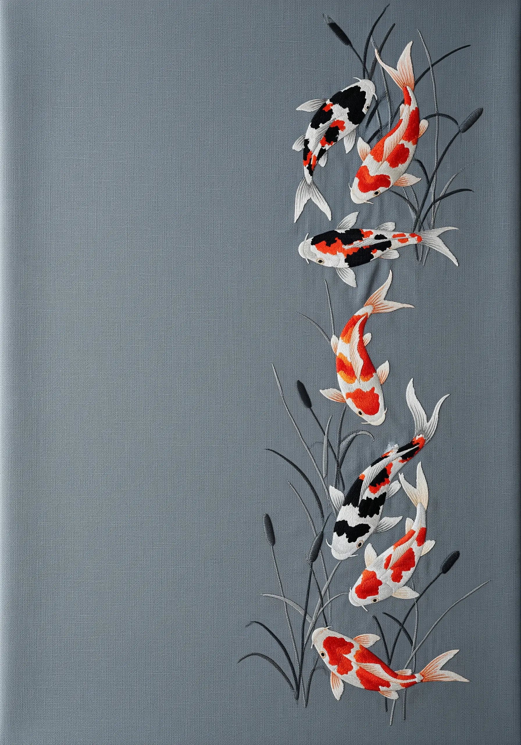 A vertical composition of embroidered Koi fish swimming among reeds on grey fabric.