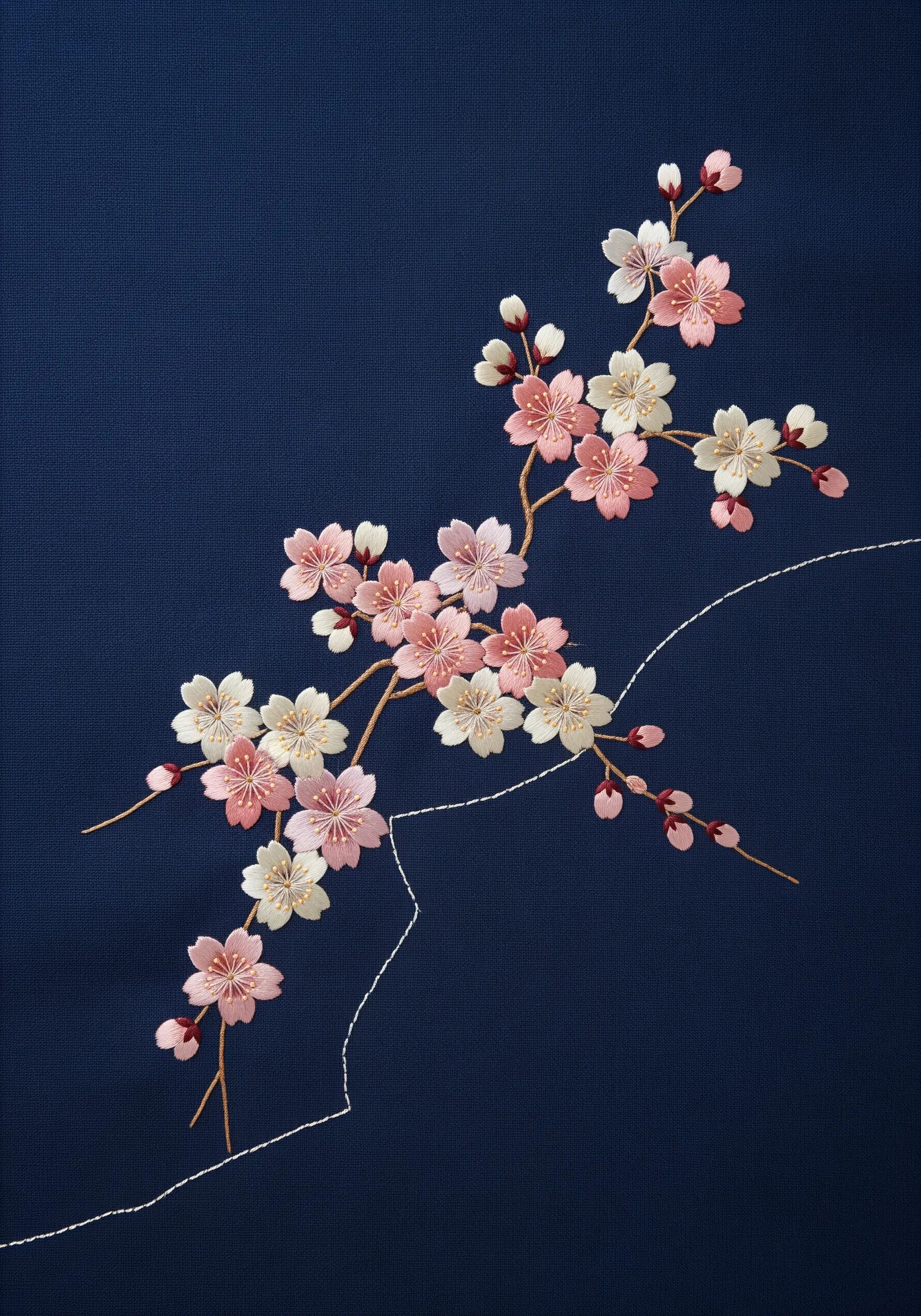 Delicate pink and white cherry blossom embroidery on dark navy blue fabric.
