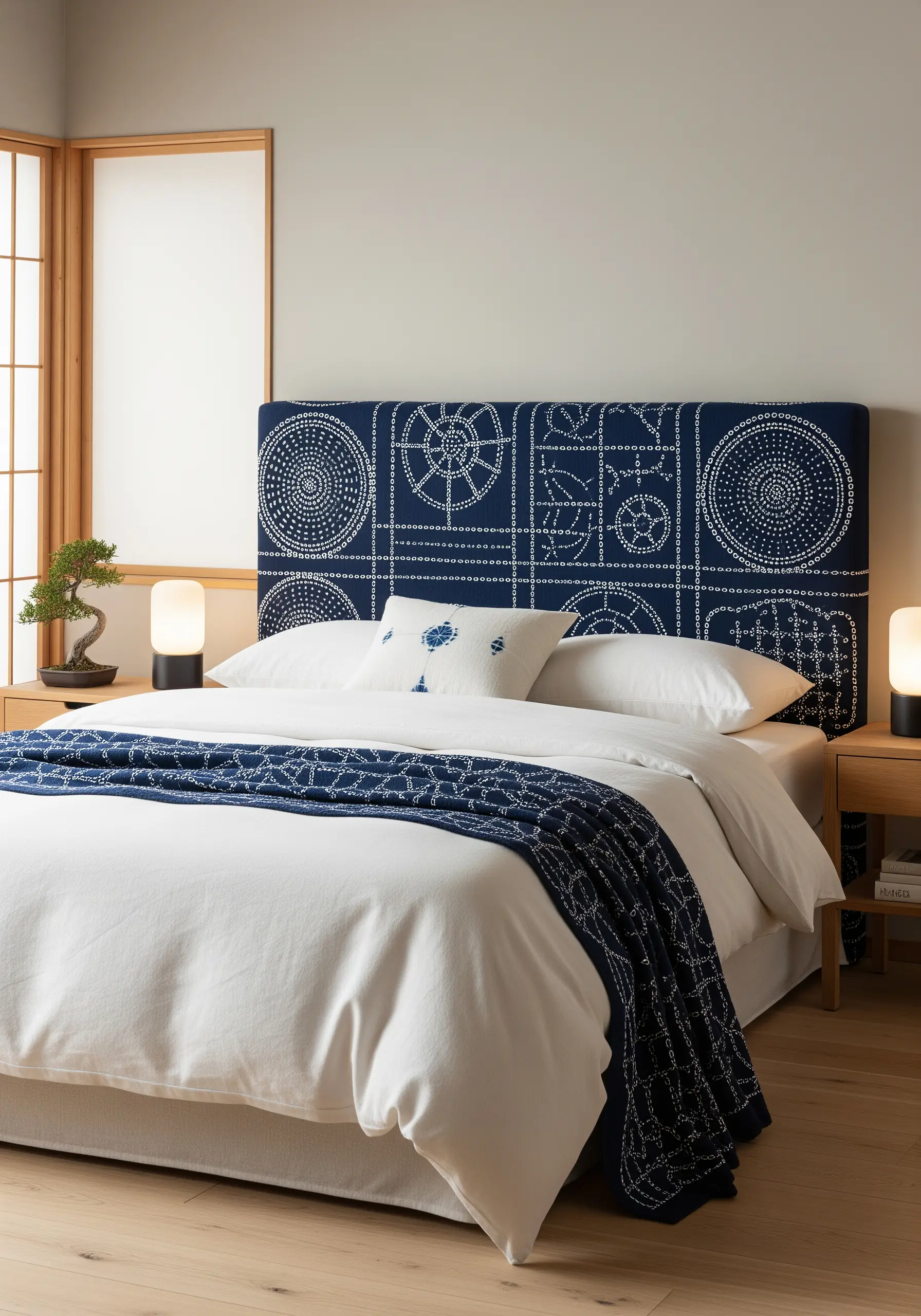 An indigo headboard with intricate geometric patterns stitched in white using Japanese Sashiko.