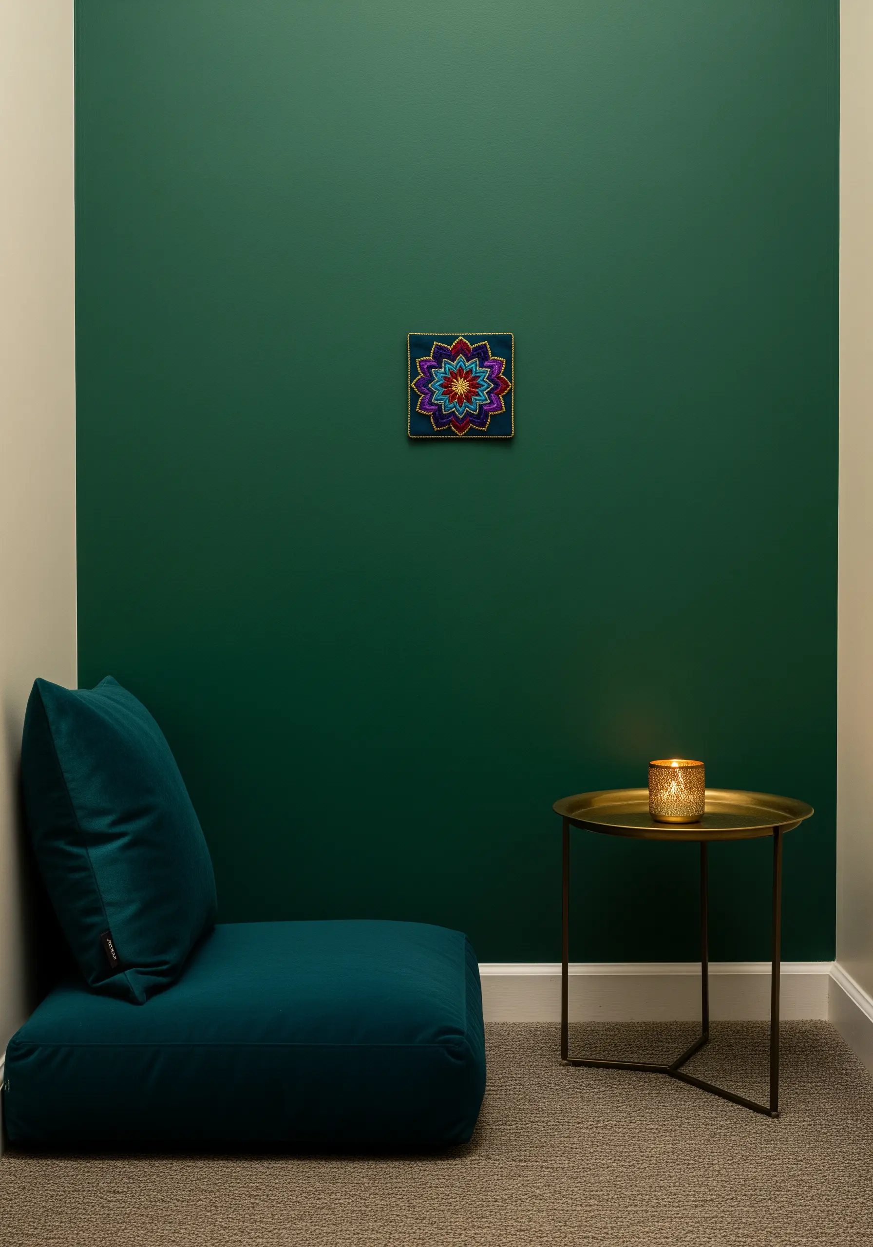 A jewel-toned mandala with gold outlines on a dark green wall.