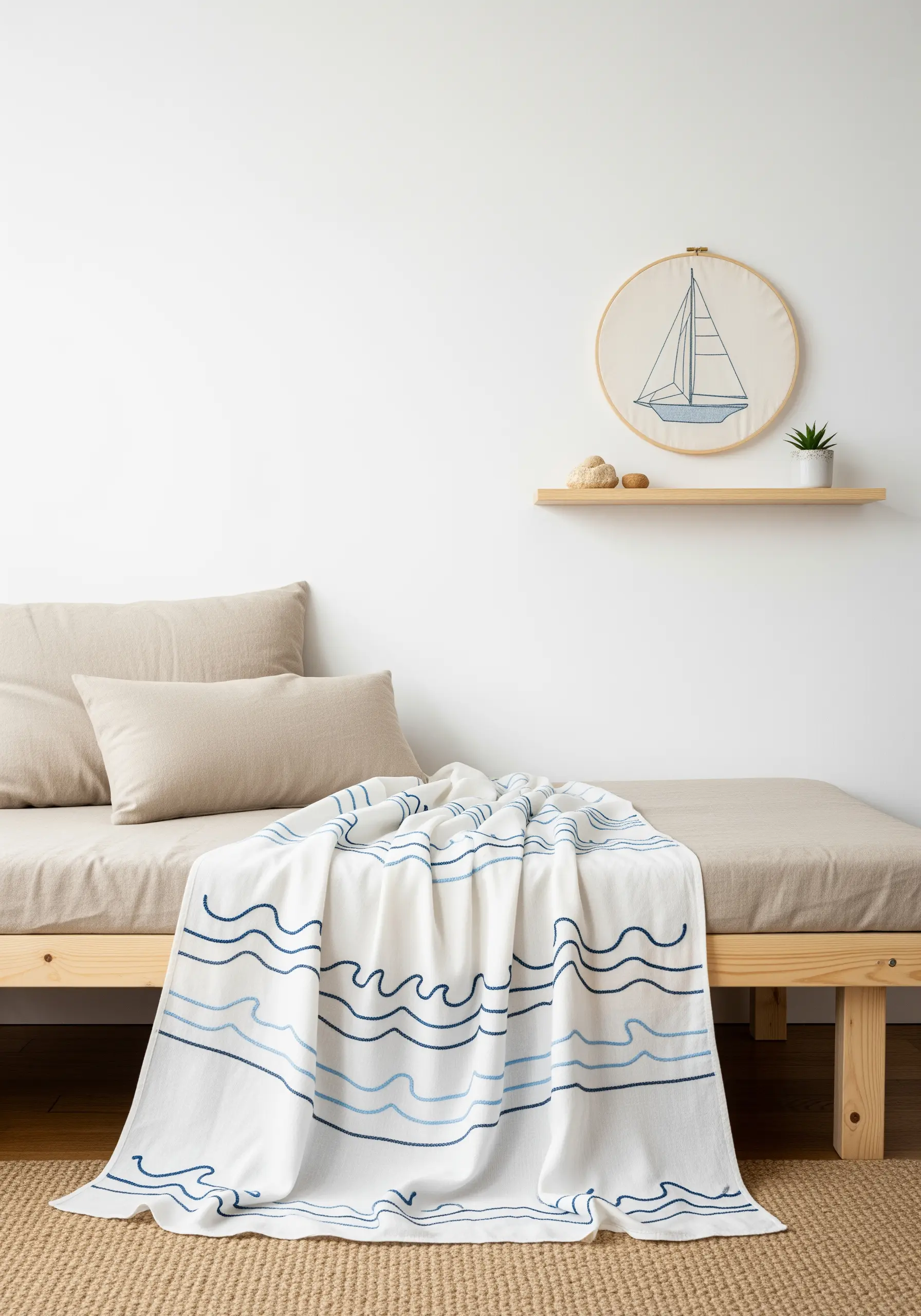 Embroidered sailboat in a hoop and a blanket with stitched blue waves.