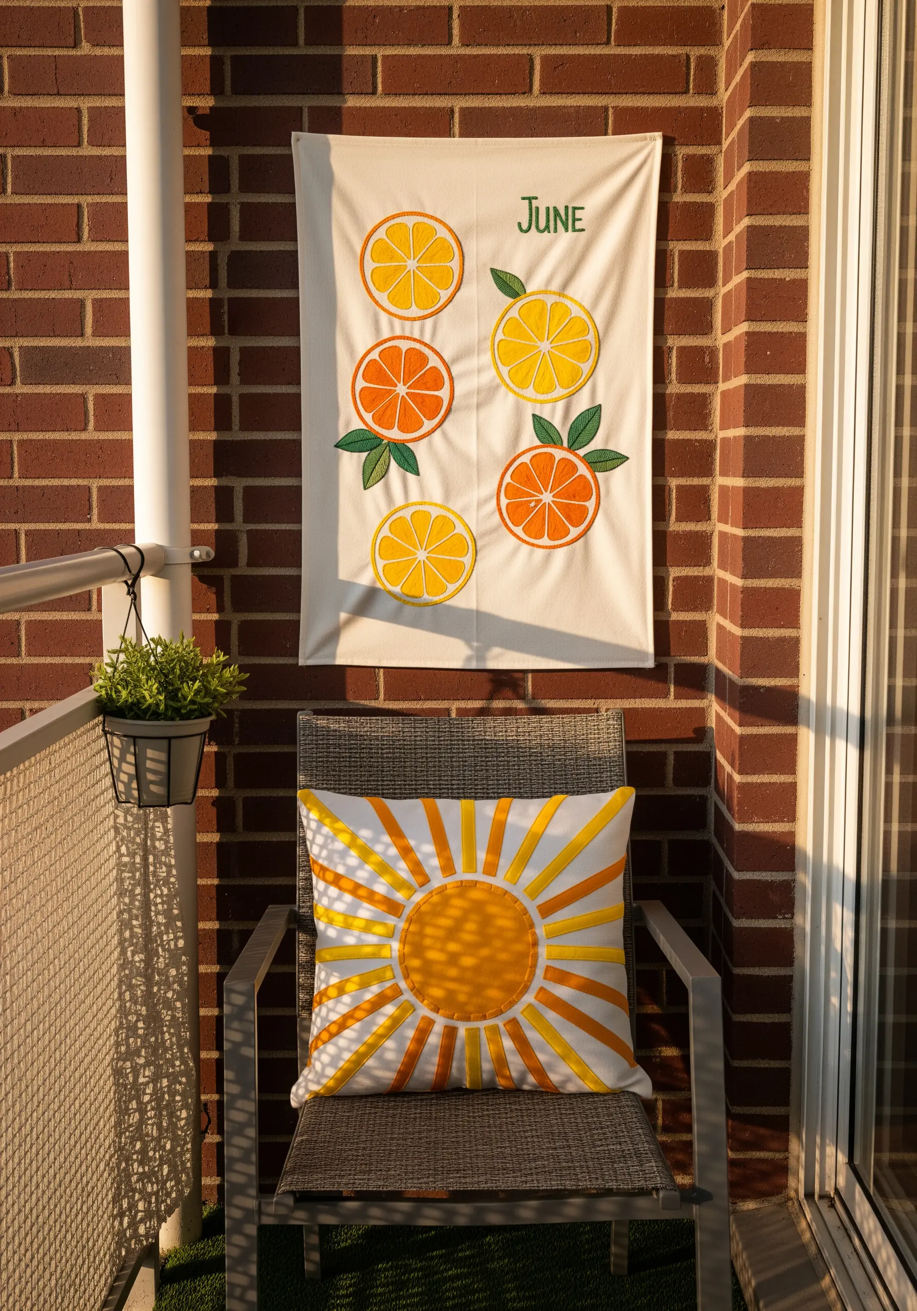 A wall hanging with appliqué citrus slices and a pillow with a sunburst pattern.