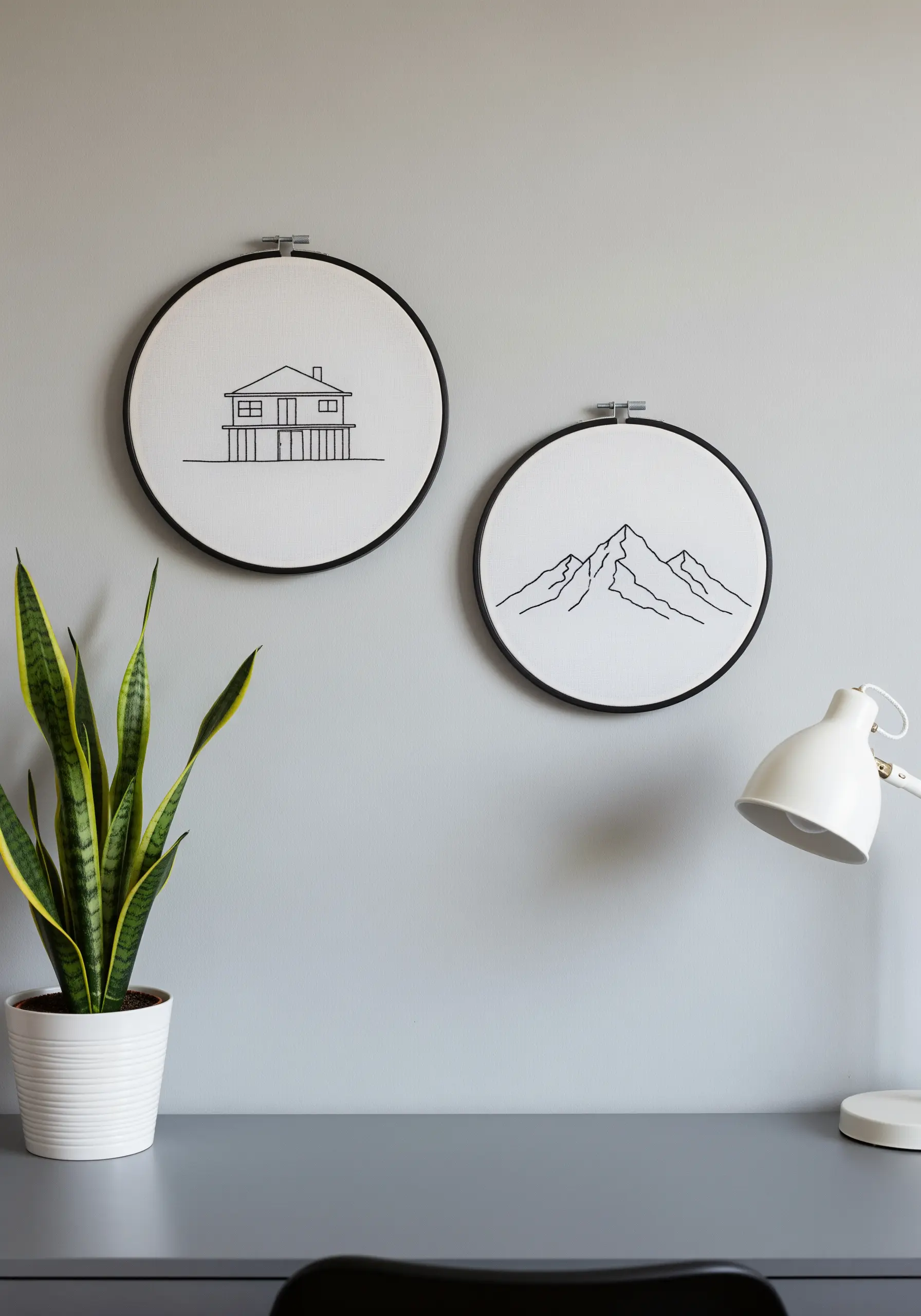 Two minimalist line art hoops, one of a modern house and one of a mountain range.