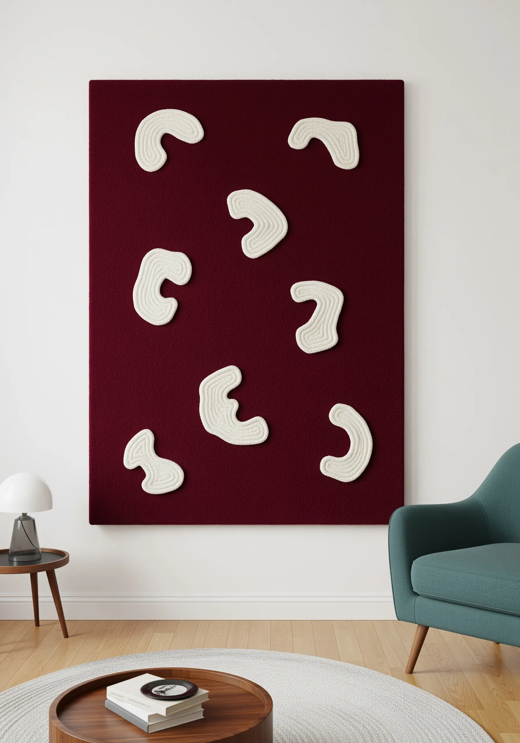 Abstract white textural shapes embroidered on a rich burgundy felt canvas.