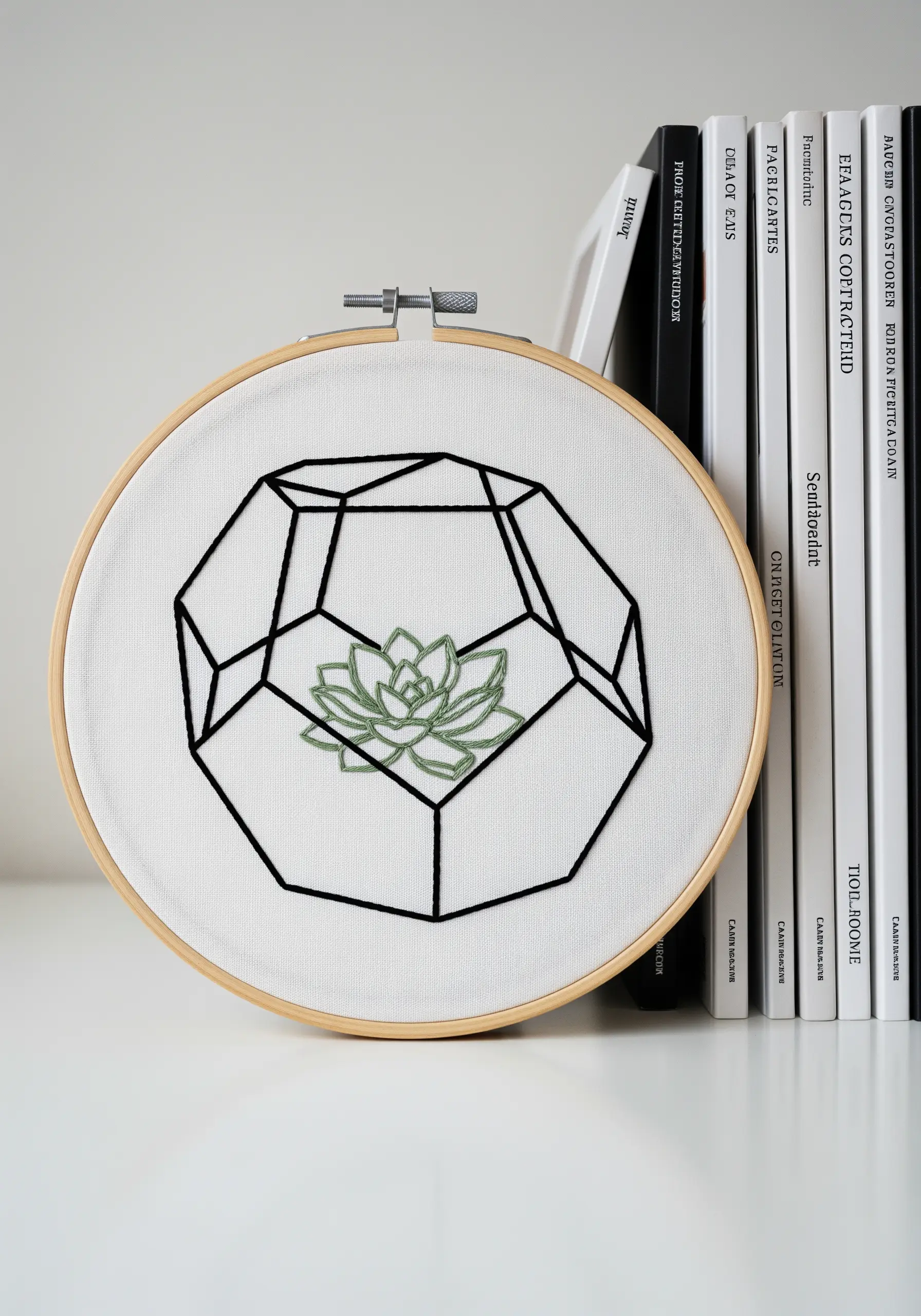 A geometric terrarium in black thread with a green succulent stitched inside.