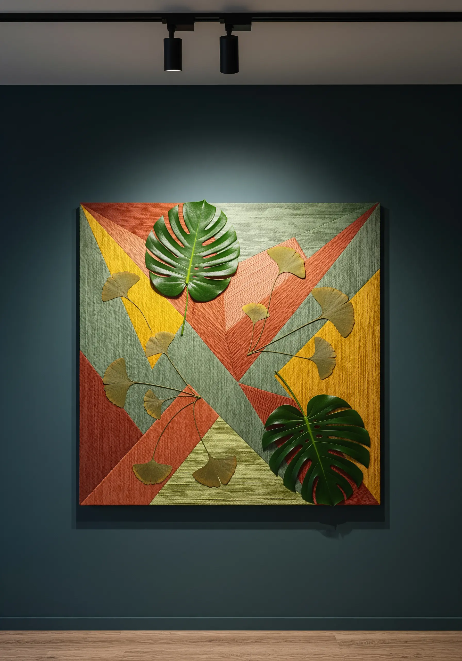 A geometric color-blocked embroidered background with large, real Monstera and Ginkgo leaves layered on top.