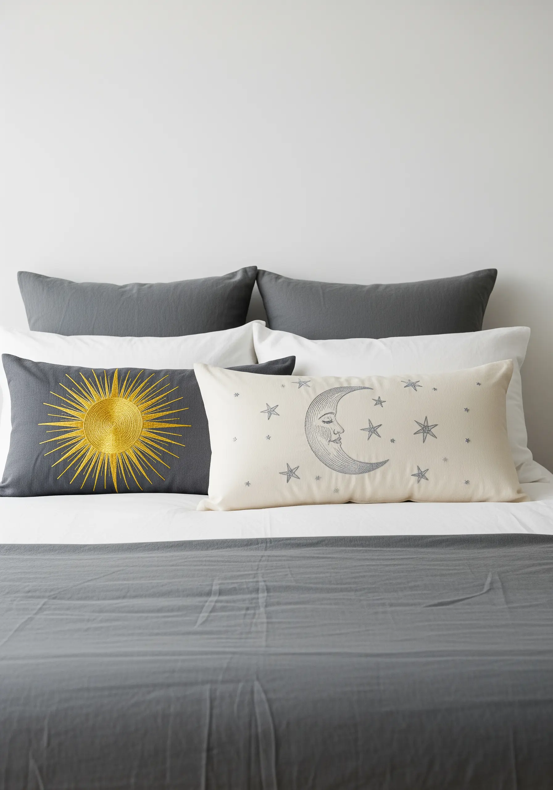 Two pillows, one with a radiant gold metallic sun and one with a matte silver crescent moon.