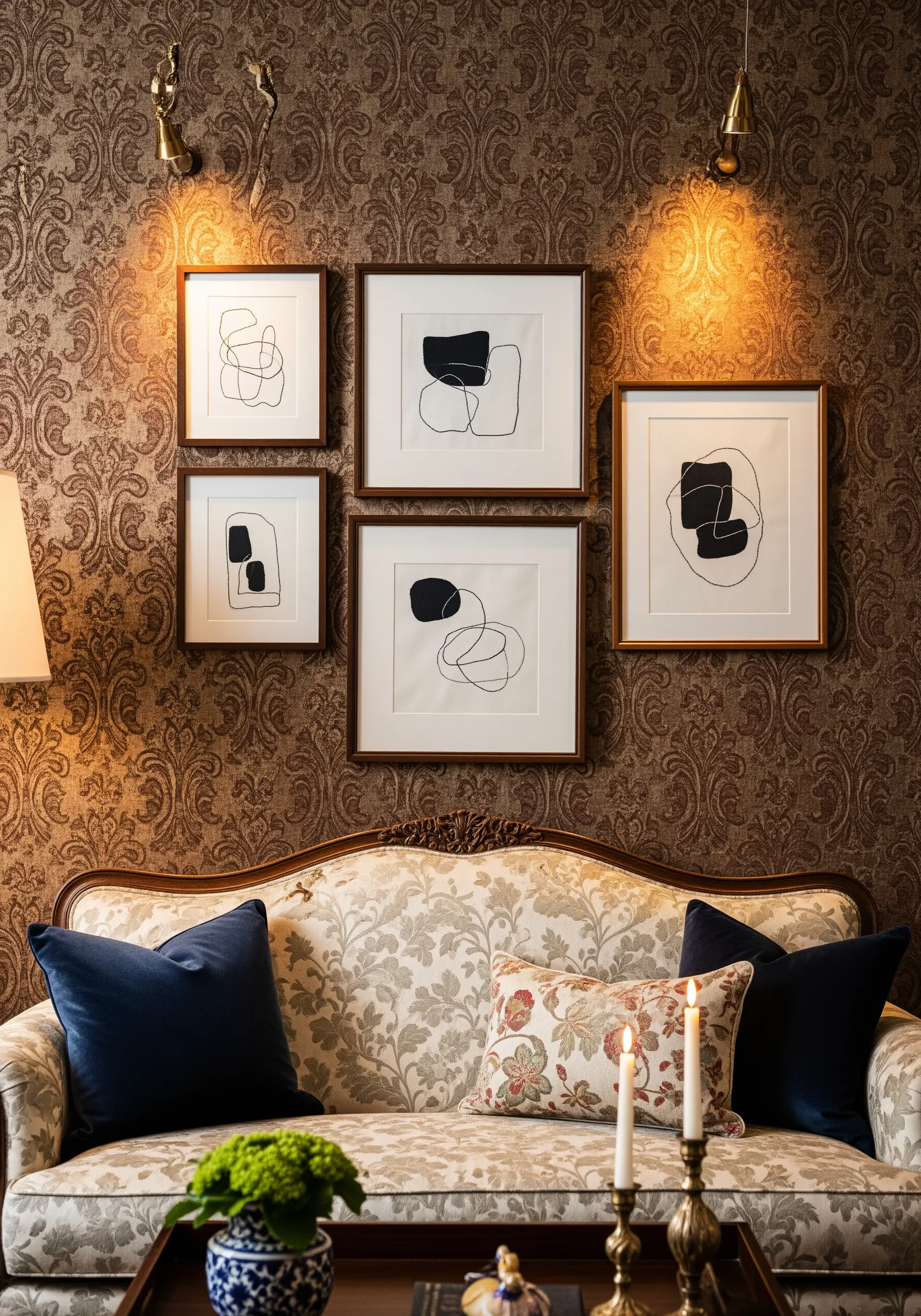 A gallery wall of minimalist abstract embroidery against a patterned damask wallpaper