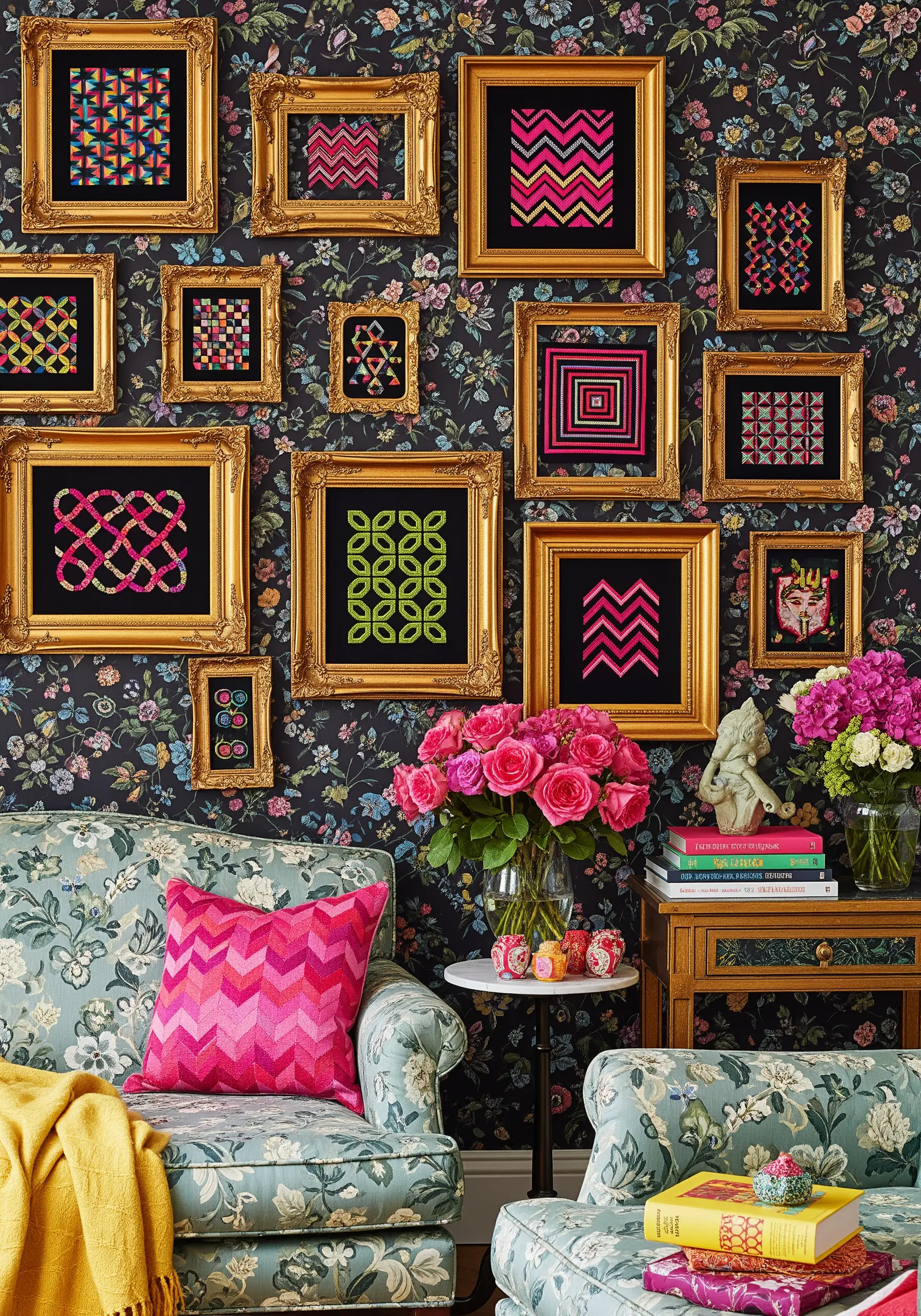 A gallery wall of neon geometric embroidery in ornate gold frames.