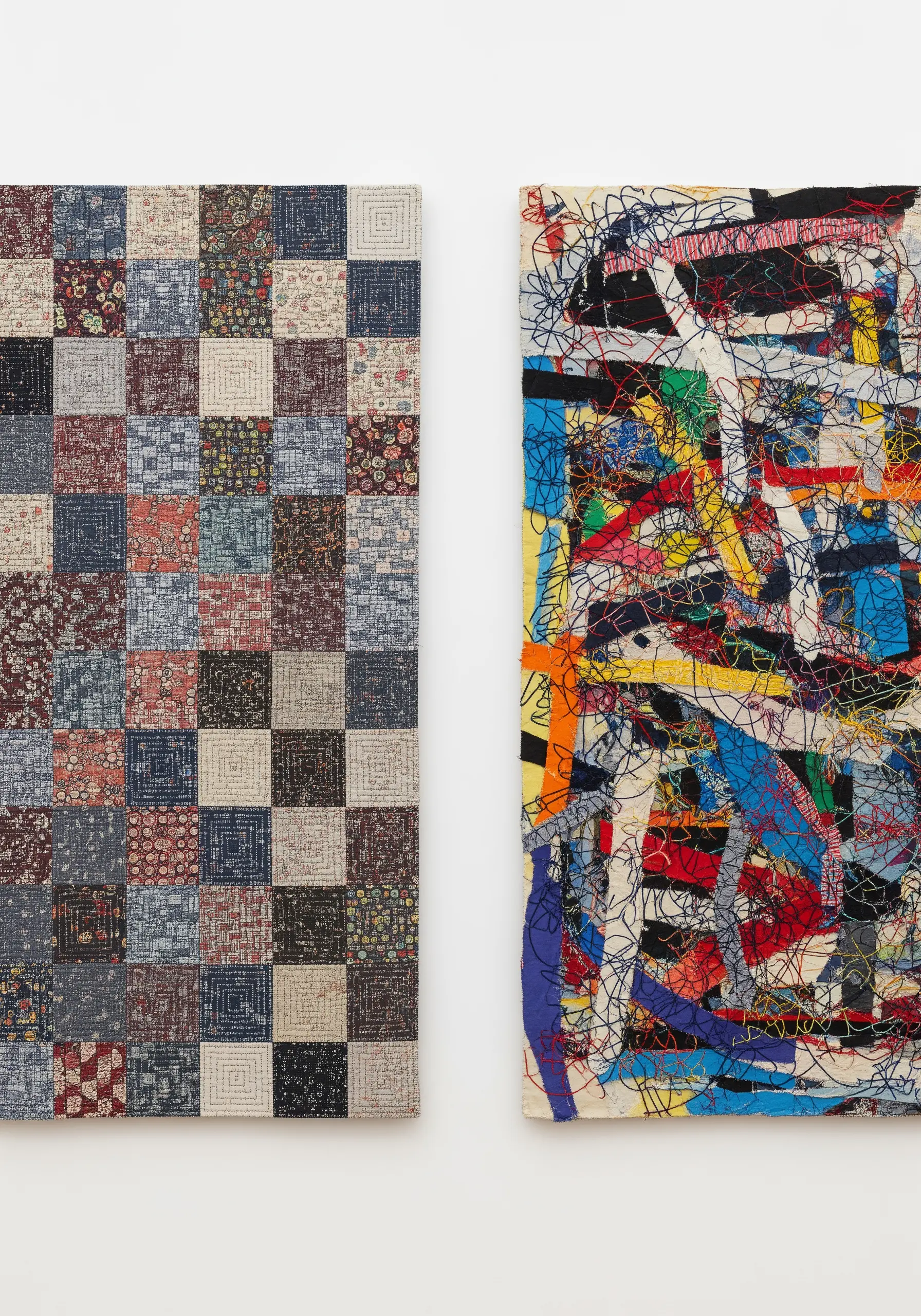Two contrasting textile art pieces: one a neat checkerboard, the other a chaotic abstract scribble
