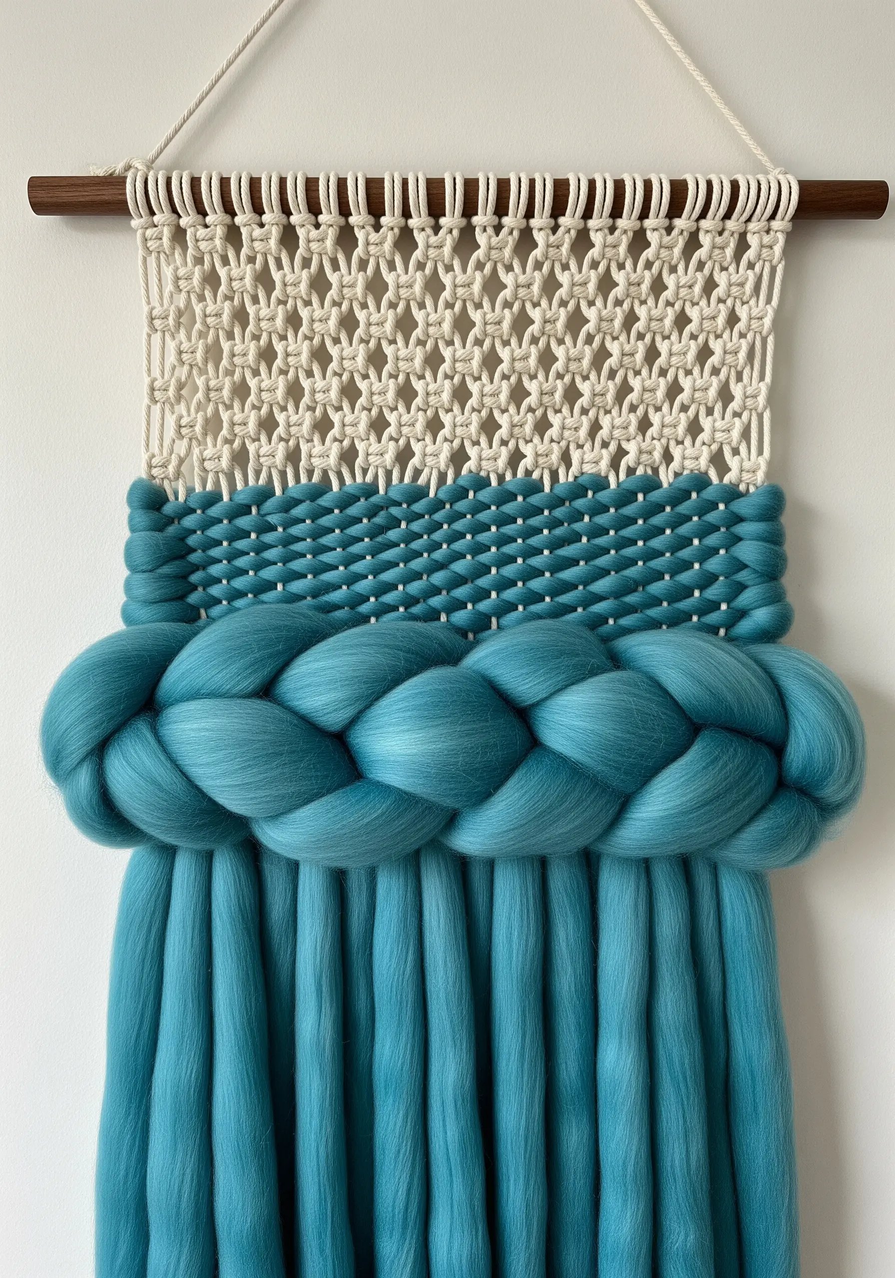 Woven wall hanging combining macrame, weaving, and a large turquoise merino wool braid.
