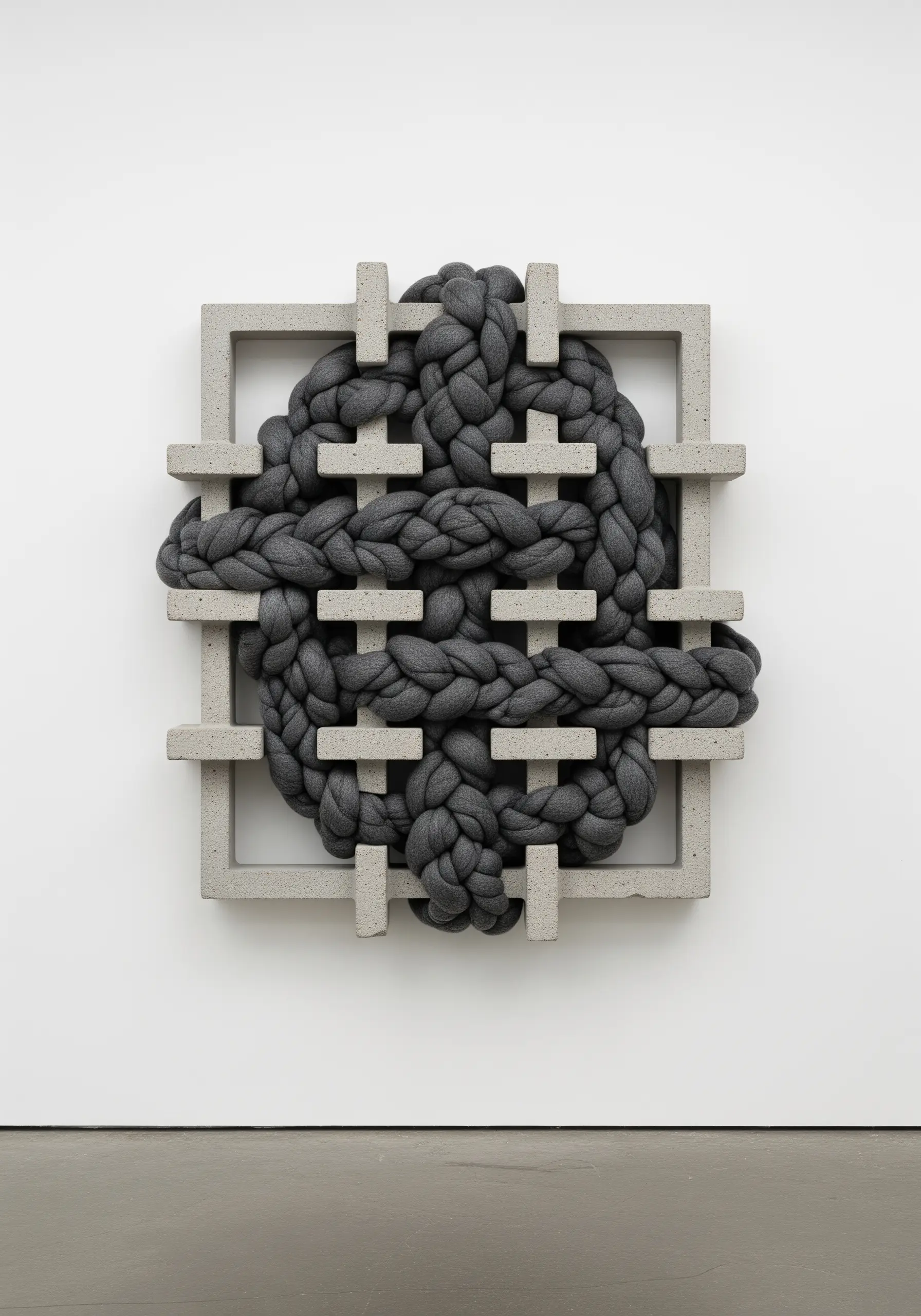 A large, soft, gray braided knot woven through a geometric concrete frame