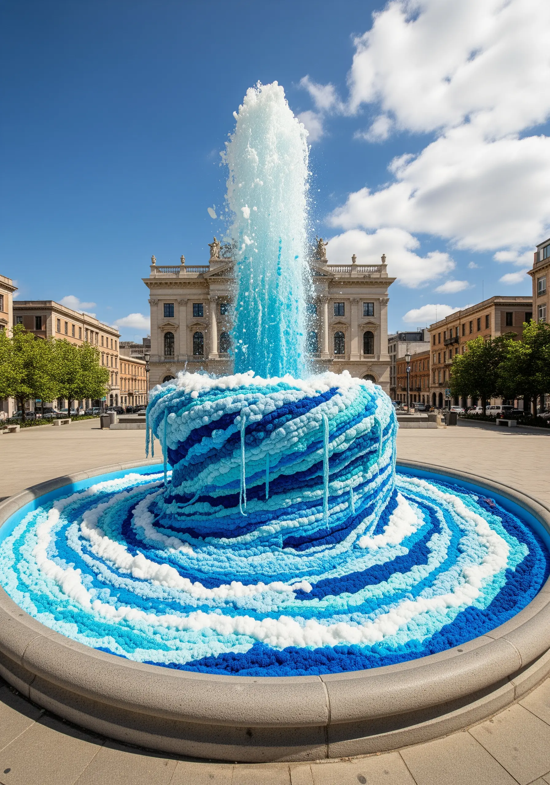 A public water fountain covered in swirling layers of chunky blue and white yarn