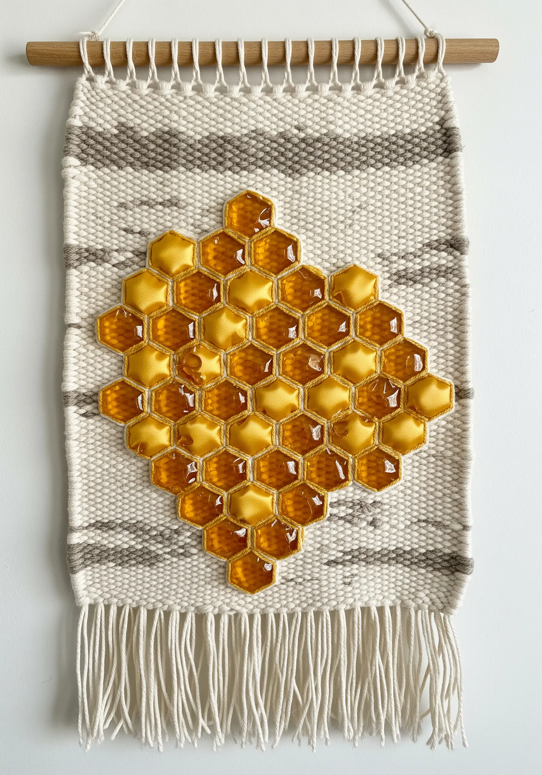 A simple woven wall hanging featuring glossy, honey-colored honeycomb tiles.