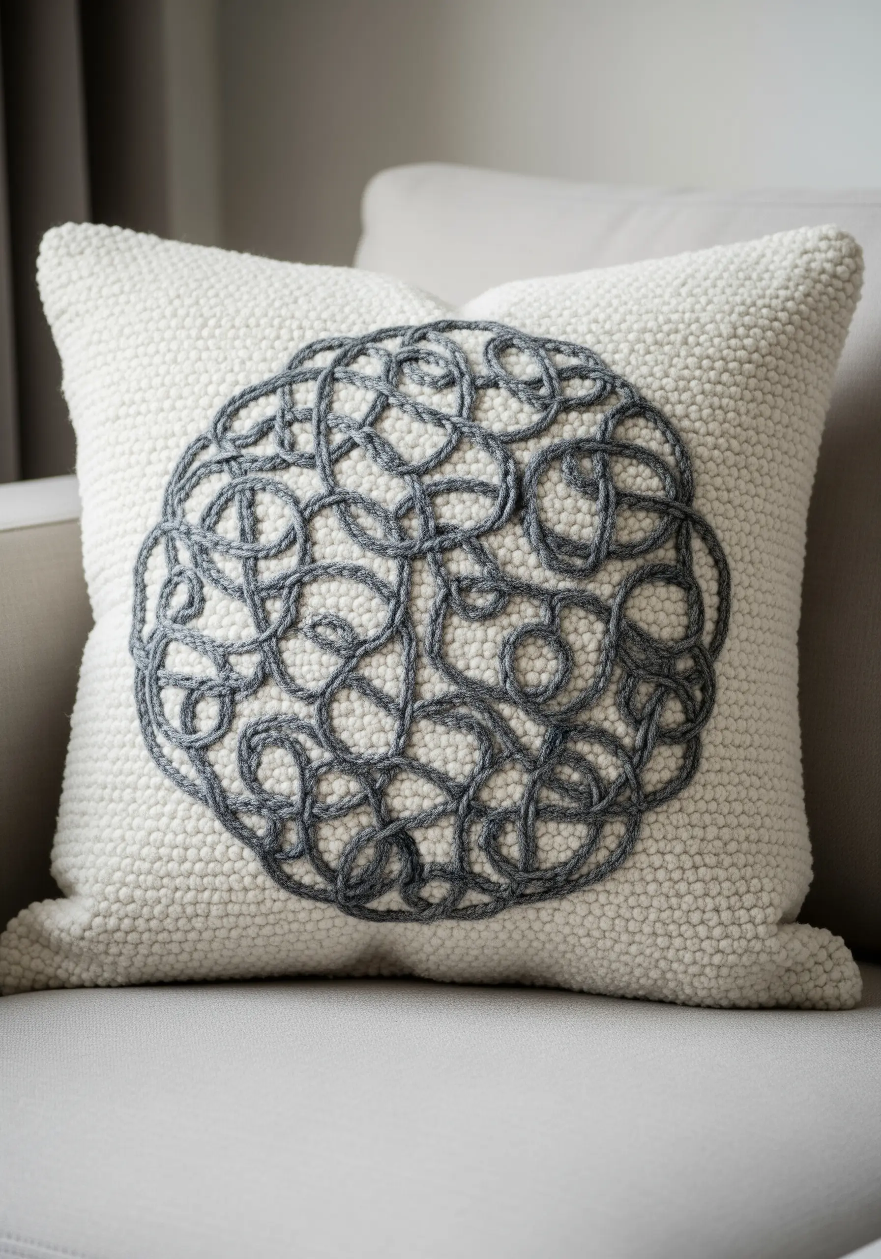 An abstract grey yarn knot couched onto a bumpy, off-white bouclé cushion.