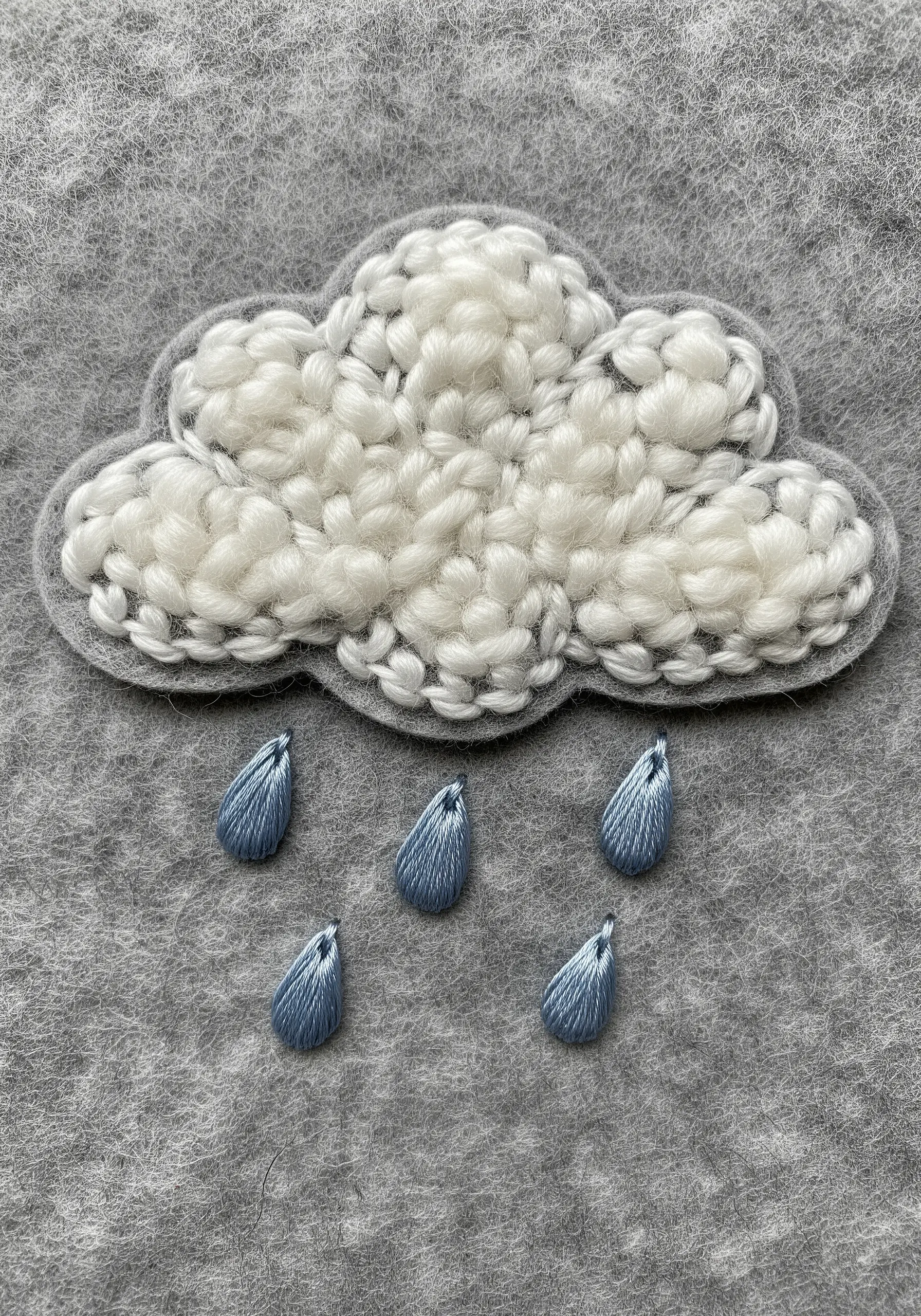 A fluffy yarn cloud with smooth blue satin stitch raindrops.